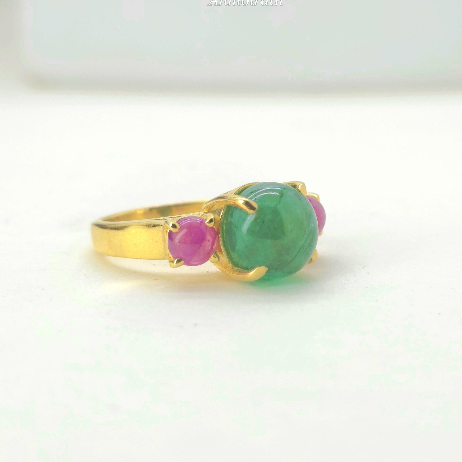 Vintage Emerald Ruby Ring For Women, Antique Emerald Ring, Unique Natural Emerald Cabochon Ring, Multi Gemstone Vintage Ring Gift For Her