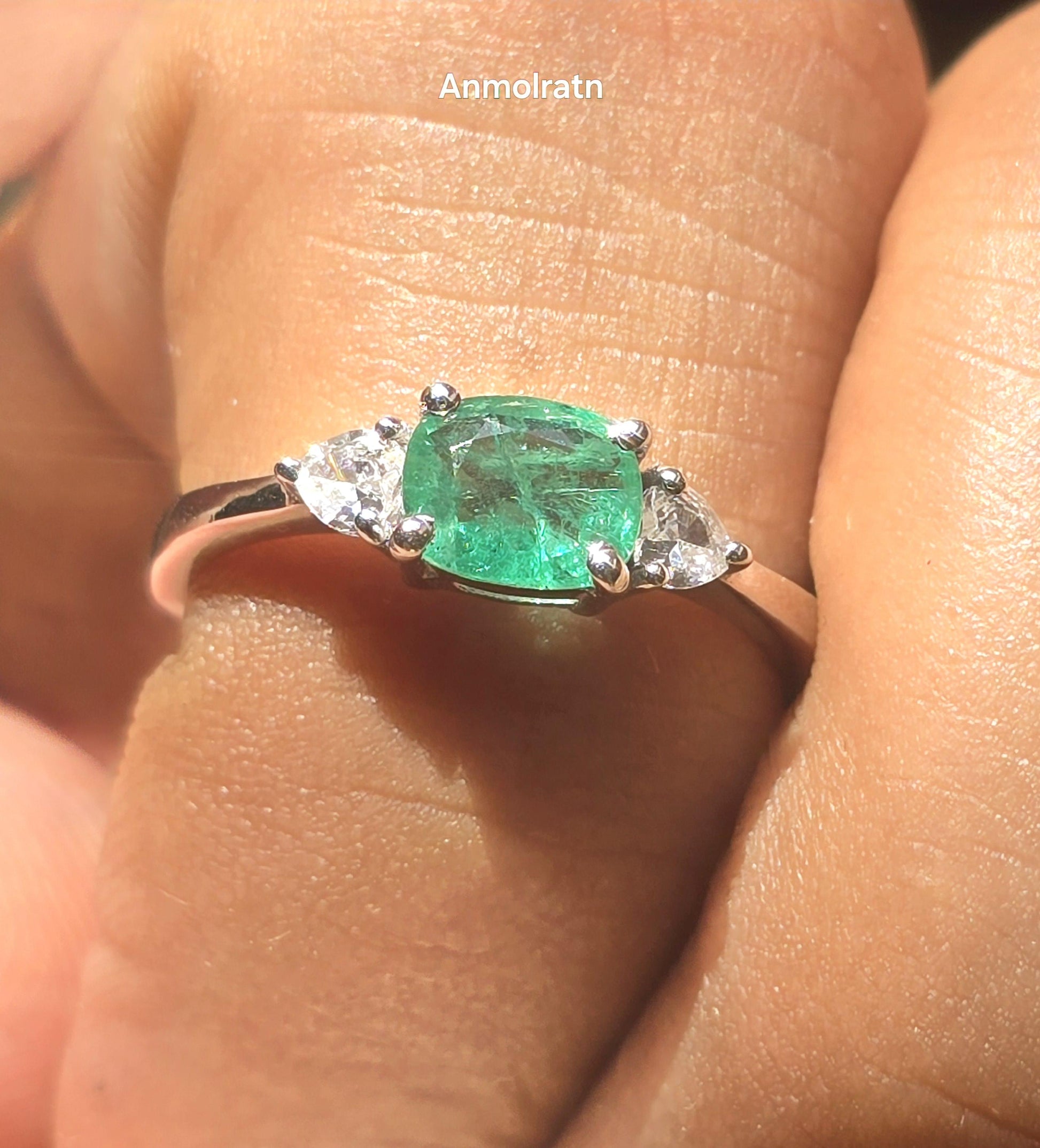 Natural Vivid Green Emerald Cushion Heart Ring For Women Untreated Emerald Trilogy Wedding Ring Dainty Emerald Engagement Stacking Ring Gift
