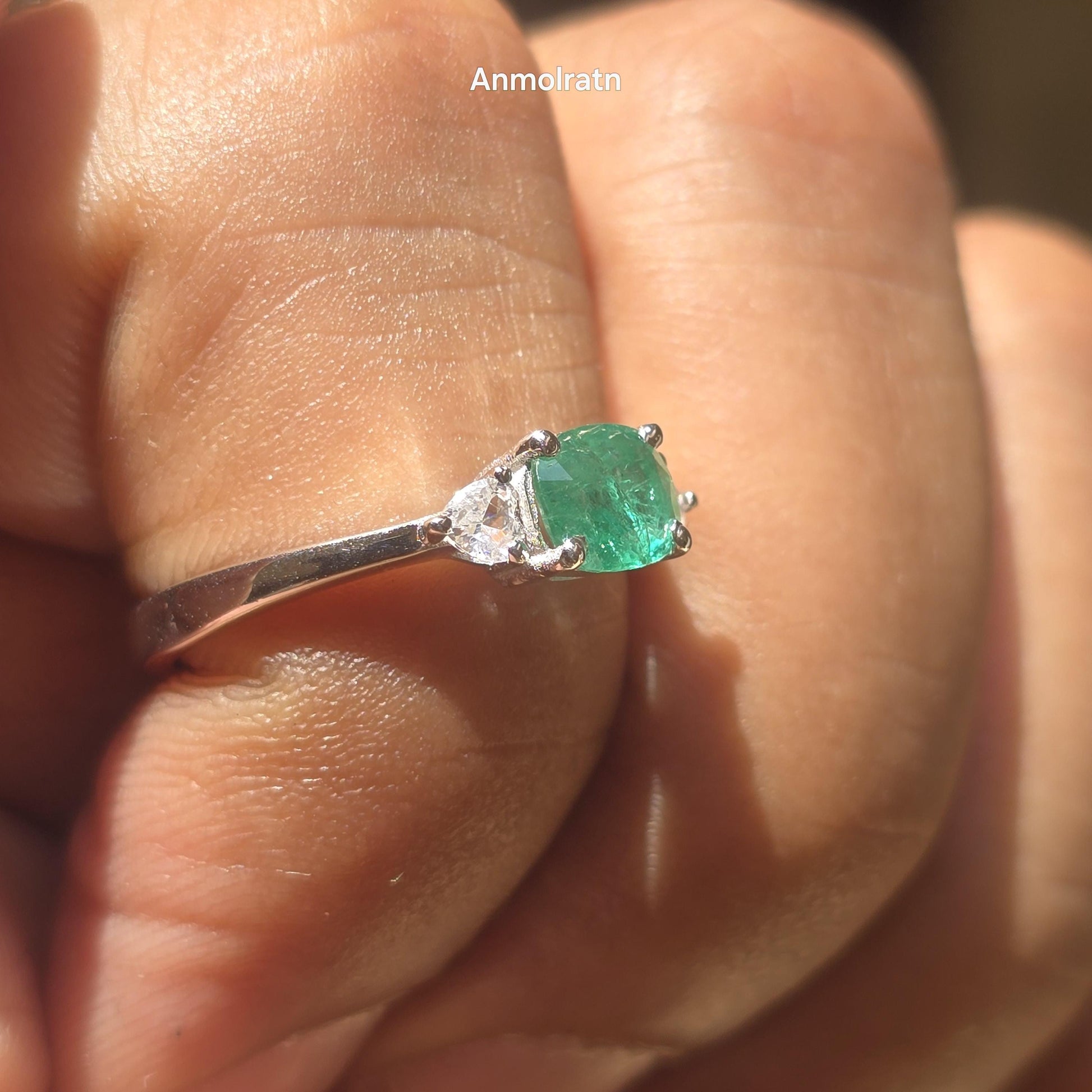 Natural Vivid Green Emerald Cushion Heart Ring For Women Untreated Emerald Trilogy Wedding Ring Dainty Emerald Engagement Stacking Ring Gift