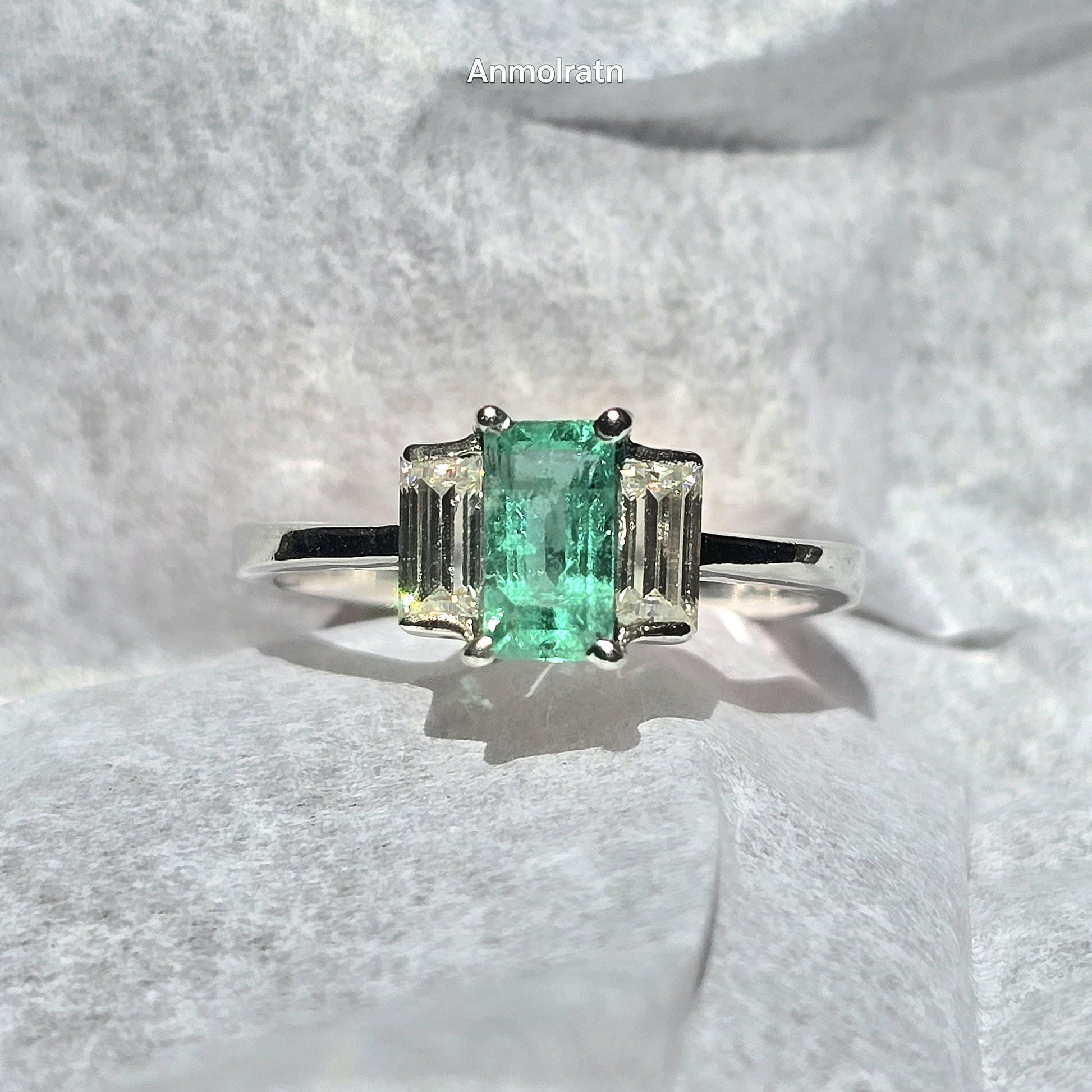 Natural Emerald Baguette Ring Vivid Green Emerald Wedding Engagement Ring Gift For Her Emerald Octagon Baguette Diamond Dainty Stacking Ring