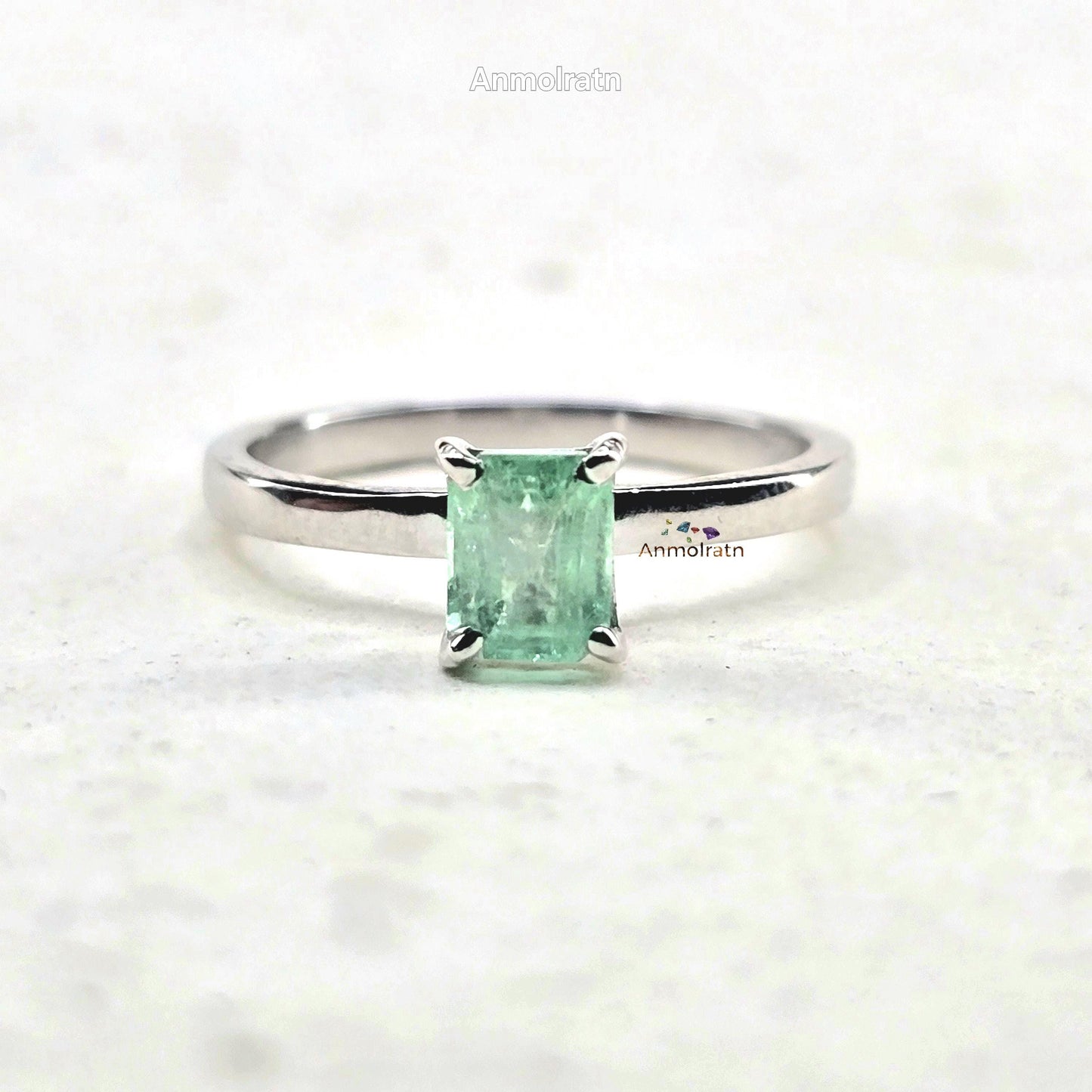 Colombian Emerald Octagon Dainty Solitaire Silver Ring, 0.98Ct Bright Green Tiny Emerald Cut Emerald Birthstone Ring, Certified Emerald Ring