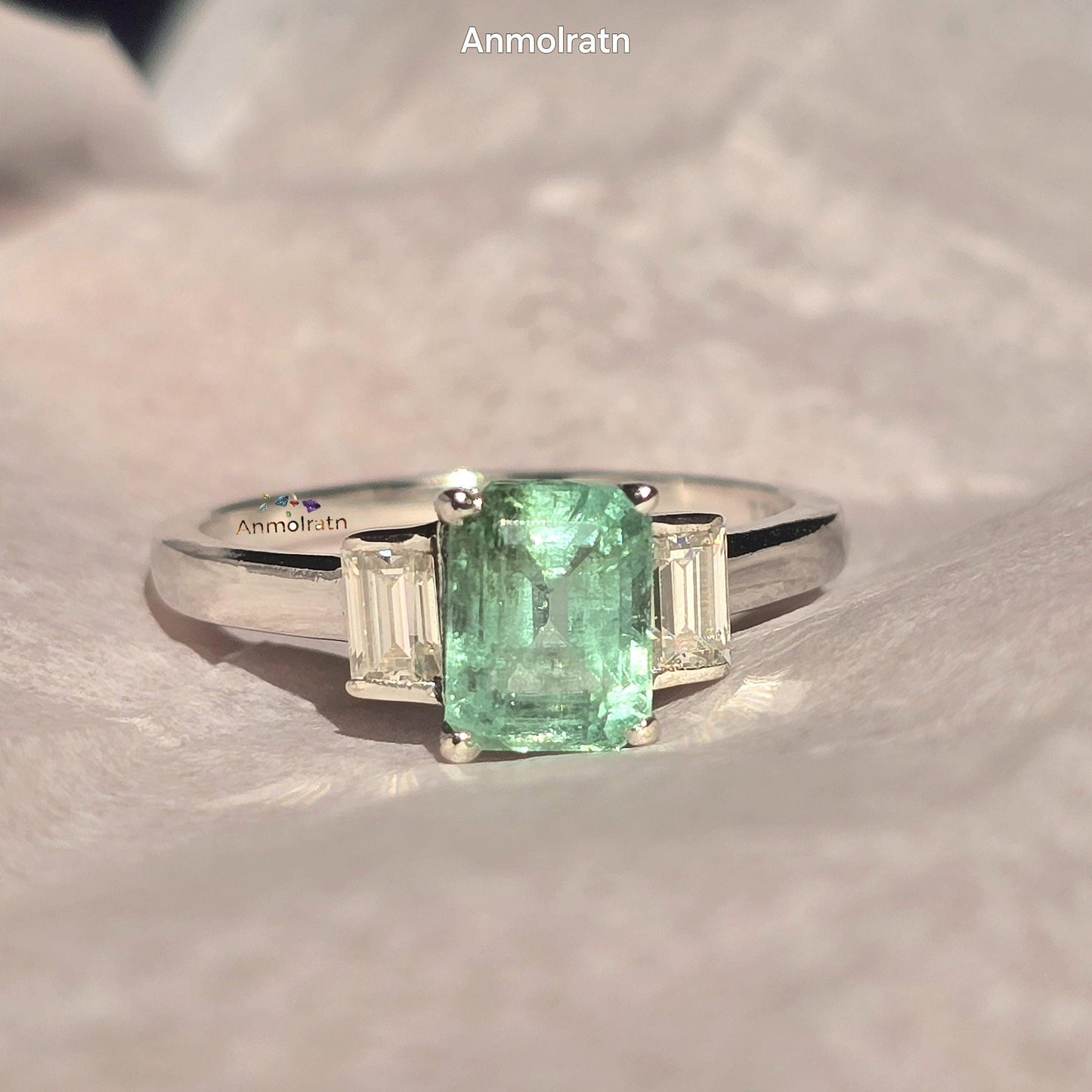 Natural Emerald Octagon Baguette Ring, 1.40CT Certified Colombian Emerald Cut Emerald Dainty Ring, Light Green Emerald Ring Gift For Women