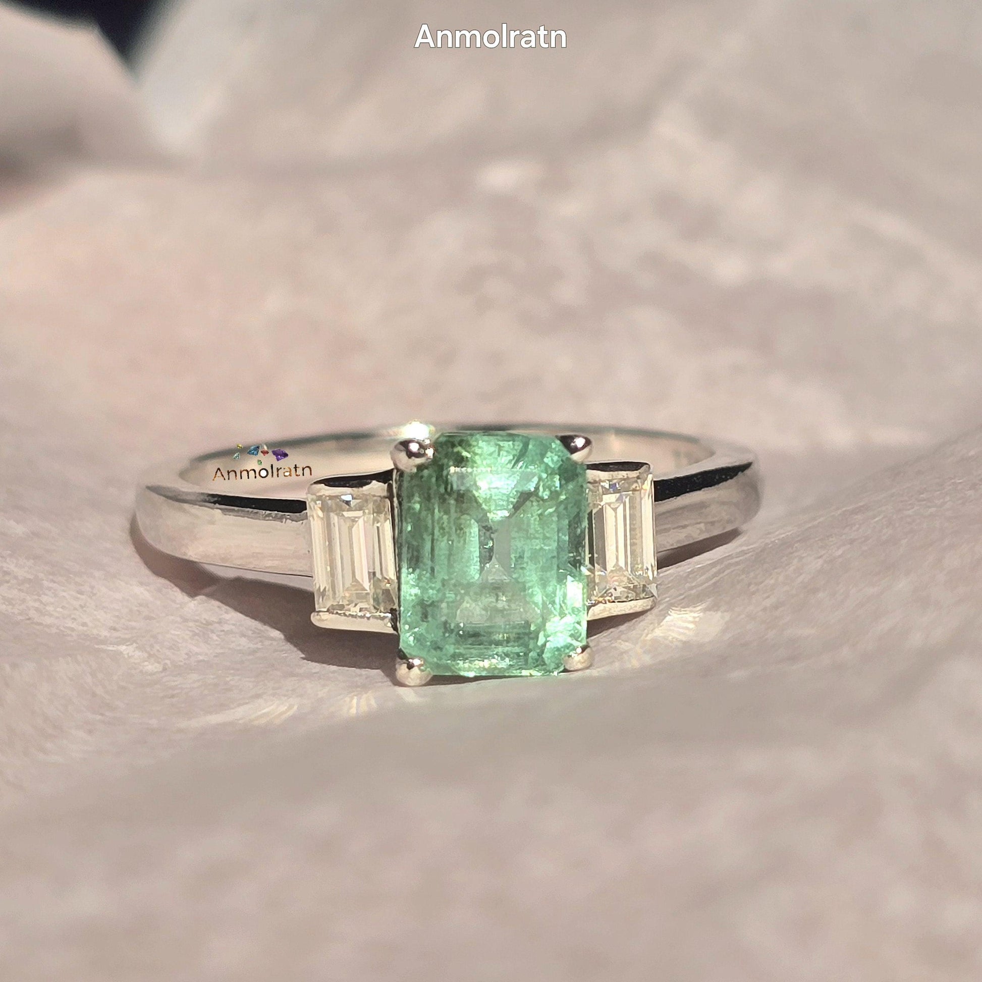 Natural Emerald Octagon Baguette Ring, 1.40CT Certified Colombian Emerald Cut Emerald Dainty Ring, Light Green Emerald Ring Gift For Women