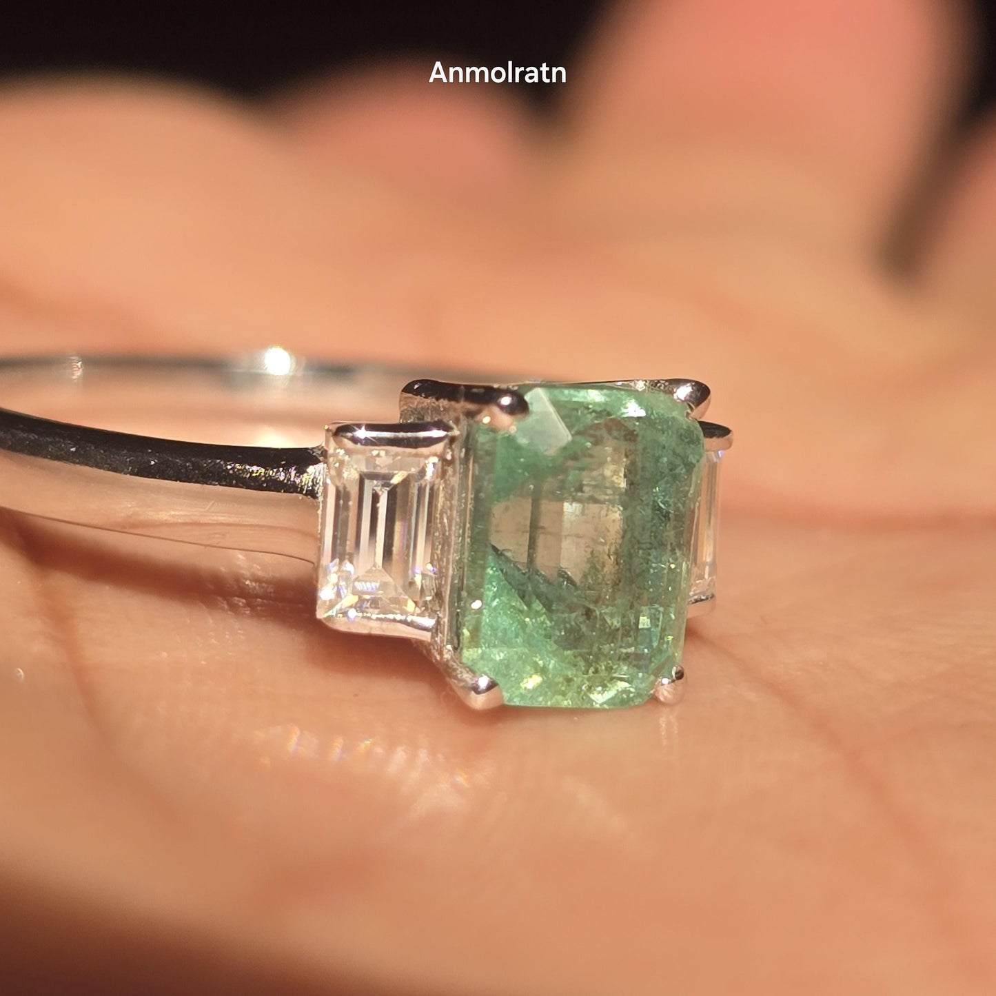 Natural Emerald Octagon Baguette Ring, 1.40CT Certified Colombian Emerald Cut Emerald Dainty Ring, Light Green Emerald Ring Gift For Women