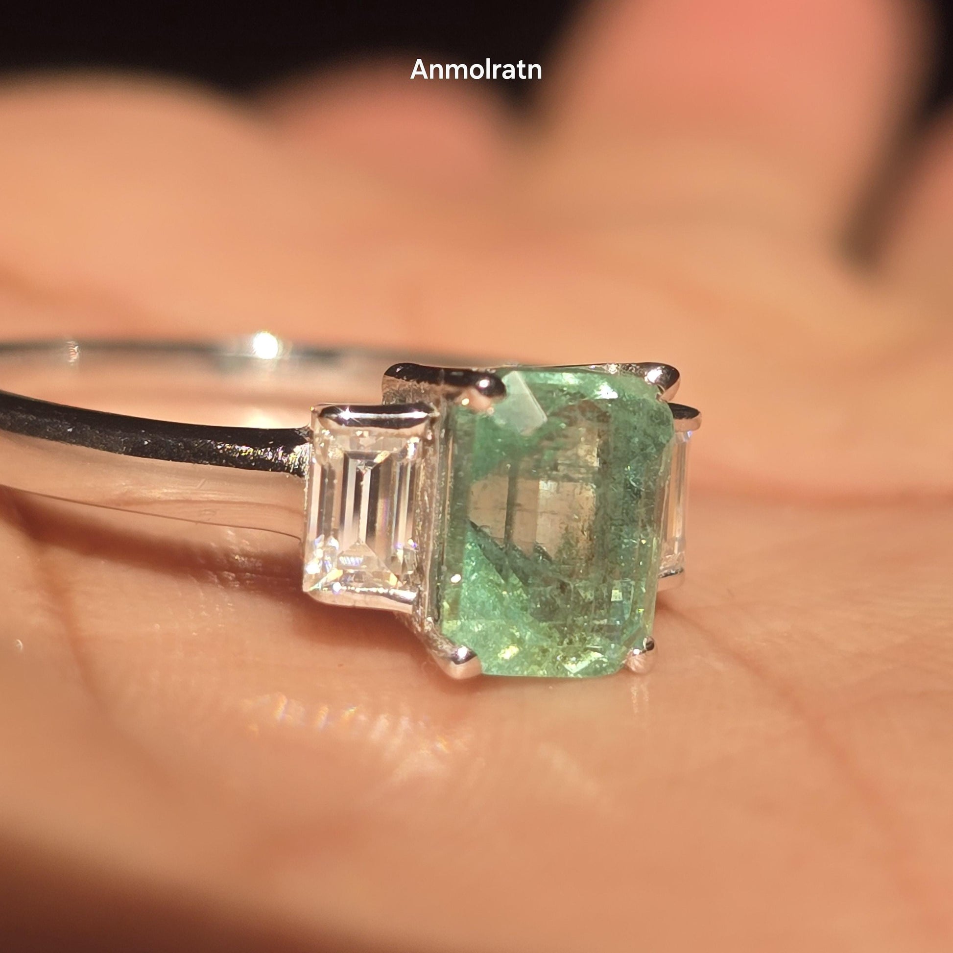 Natural Emerald Octagon Baguette Ring, 1.40CT Certified Colombian Emerald Cut Emerald Dainty Ring, Light Green Emerald Ring Gift For Women