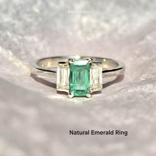 Natural Emerald Baguette Ring Vivid Green Emerald Wedding Engagement Ring Gift For Her Emerald Octagon Baguette Diamond Dainty Stacking Ring