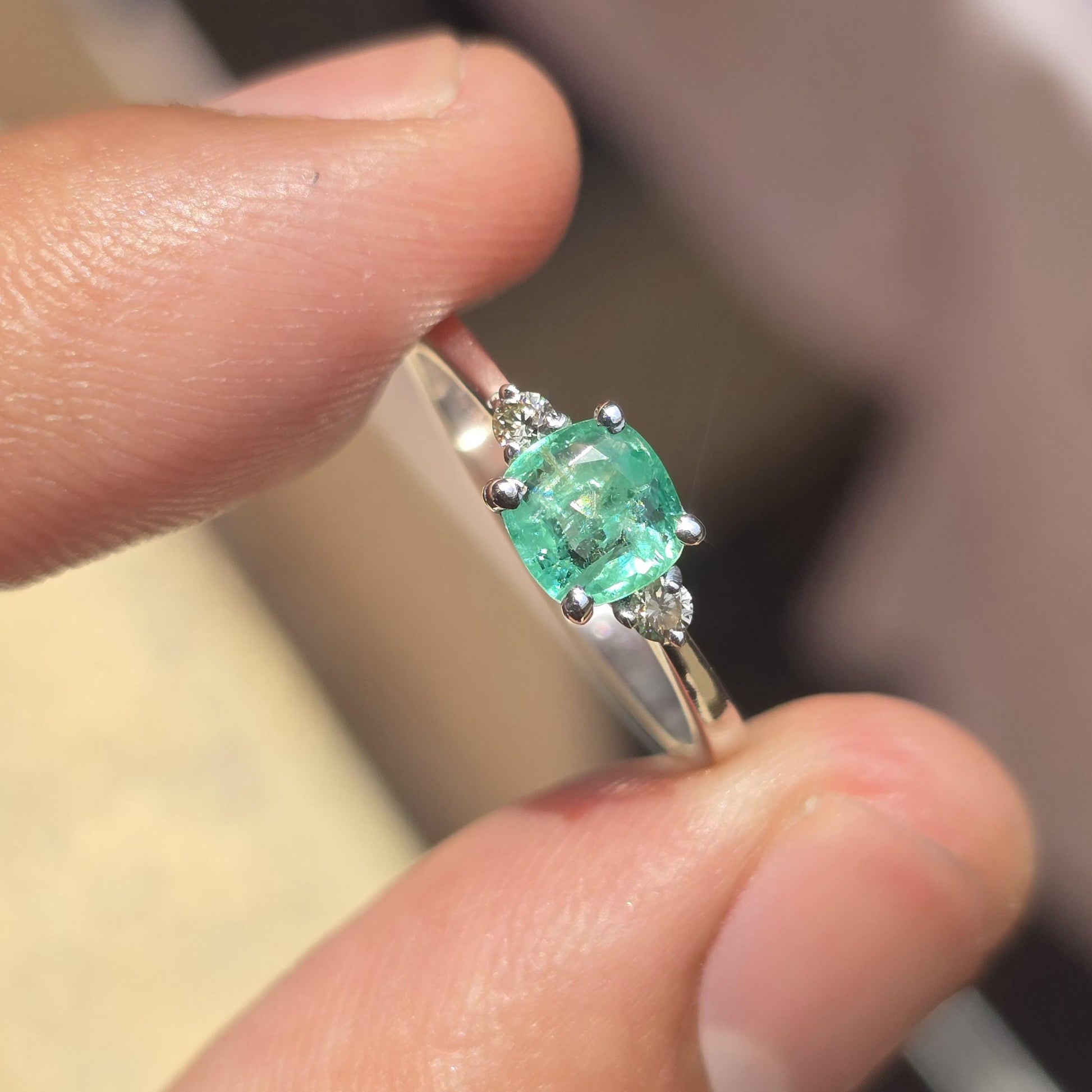 Vivid Green Emerald Diamond Ring For Women, Untreated Emerald Cushion Cut Dainty Stacking Engagement Ring Natural Emerald Wedding Ring Gift