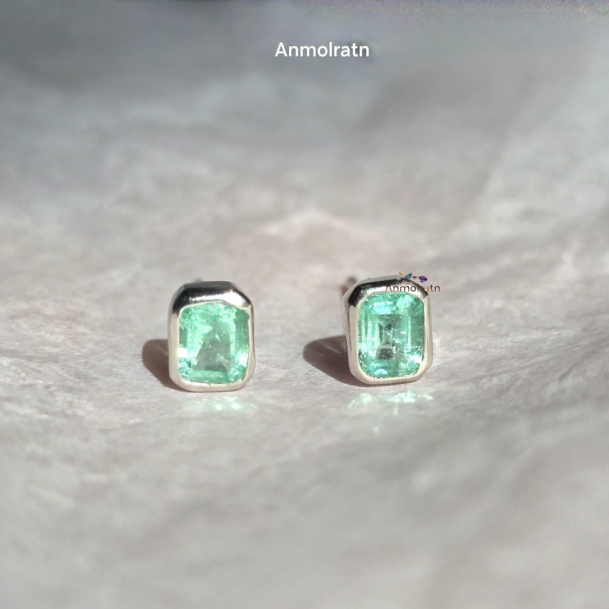 Natural Emerald Stud Earring, Colombian Emerald Solitaire Earring, Tiny Bright Emerald Octagon Bezel Dainty Birthstone Silver Earrings Gift