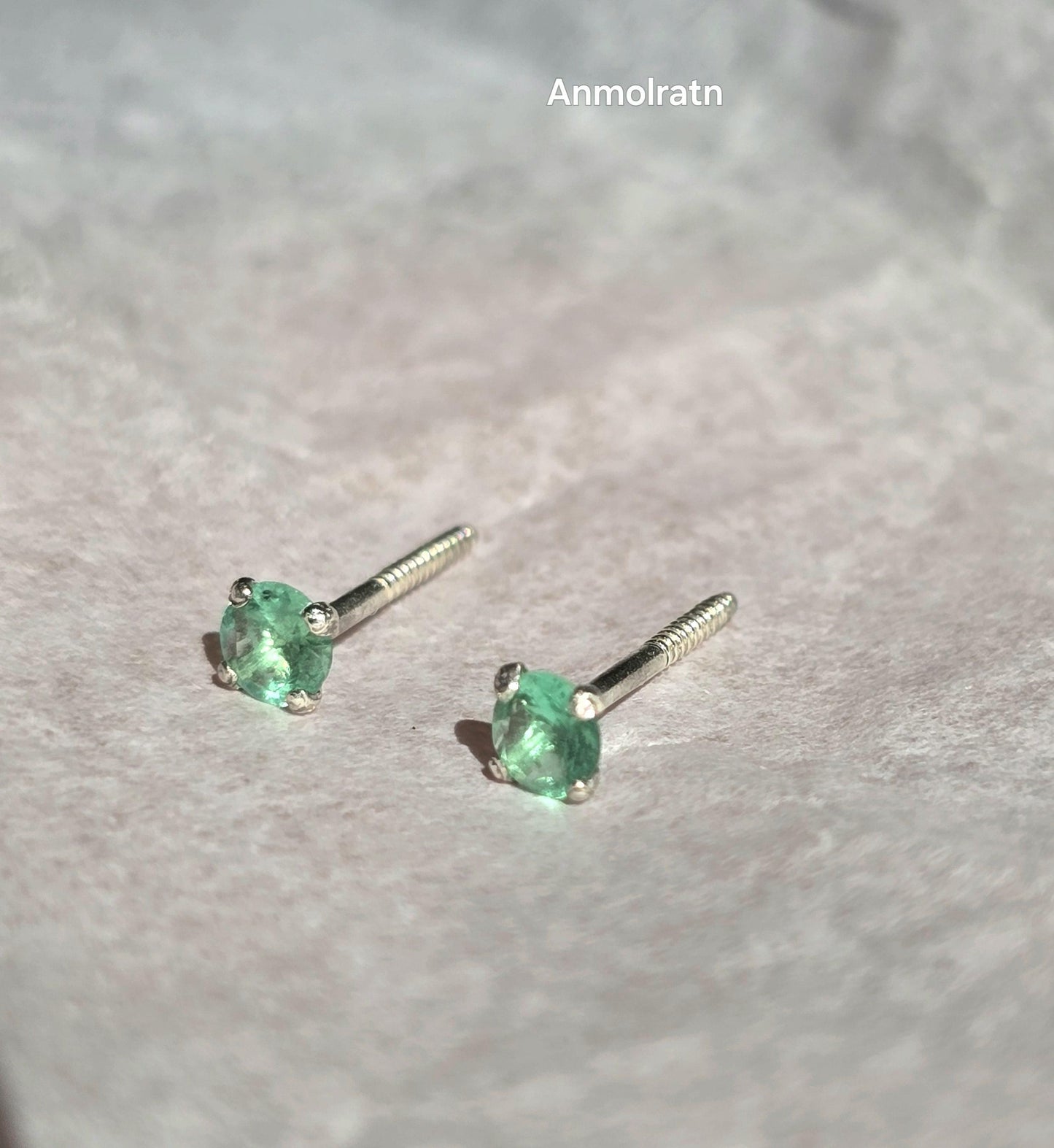 Daily Wear Emerald Stud Earrings, Natural Colombian Emerald Tiny Silver Earrings For Men & Women, Round Emerald Birthstone Dainty Earrings