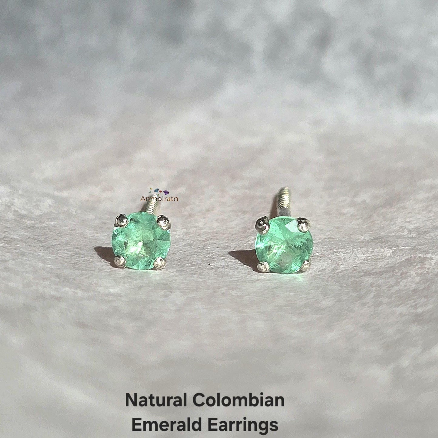 Daily Wear Emerald Stud Earrings, Natural Colombian Emerald Tiny Silver Earrings For Men & Women, Round Emerald Birthstone Dainty Earrings