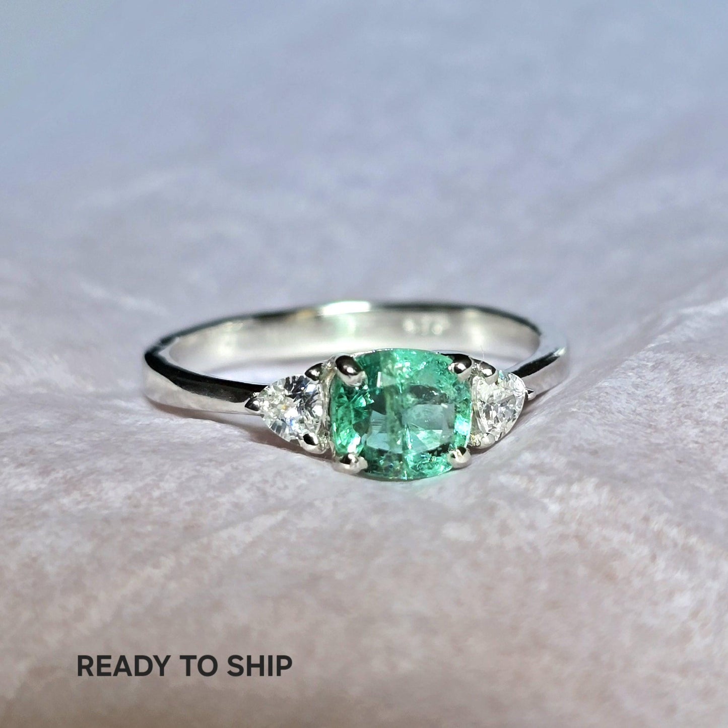 Tiny Emerald Dainty Ring For Women, Emerald Cushion Ring, Untreated Emerald Trillion Stacking Ring Gift For Her, Natural Bright Emerald Ring