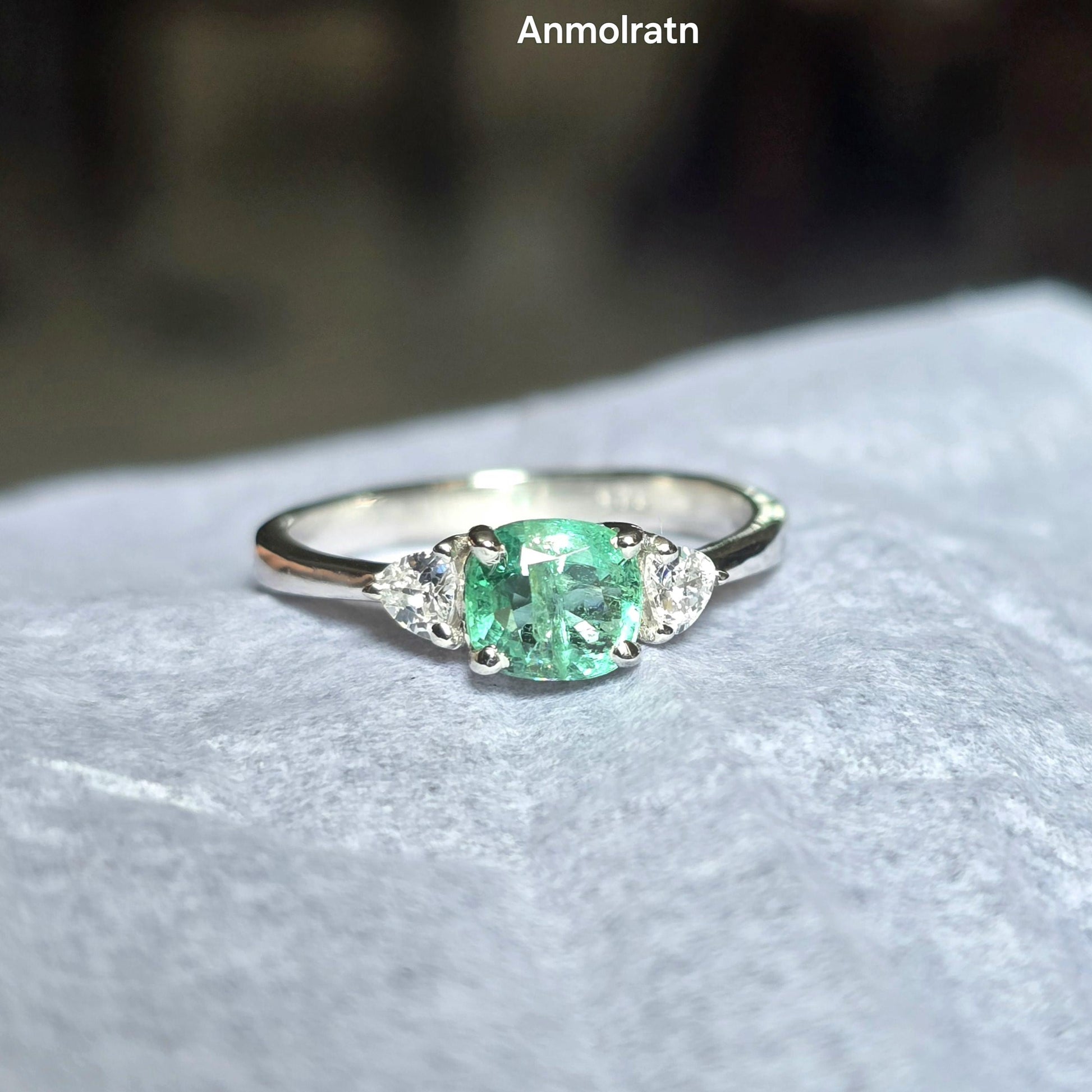 Tiny Emerald Dainty Ring For Women, Emerald Cushion Ring, Untreated Emerald Trillion Stacking Ring Gift For Her, Natural Bright Emerald Ring