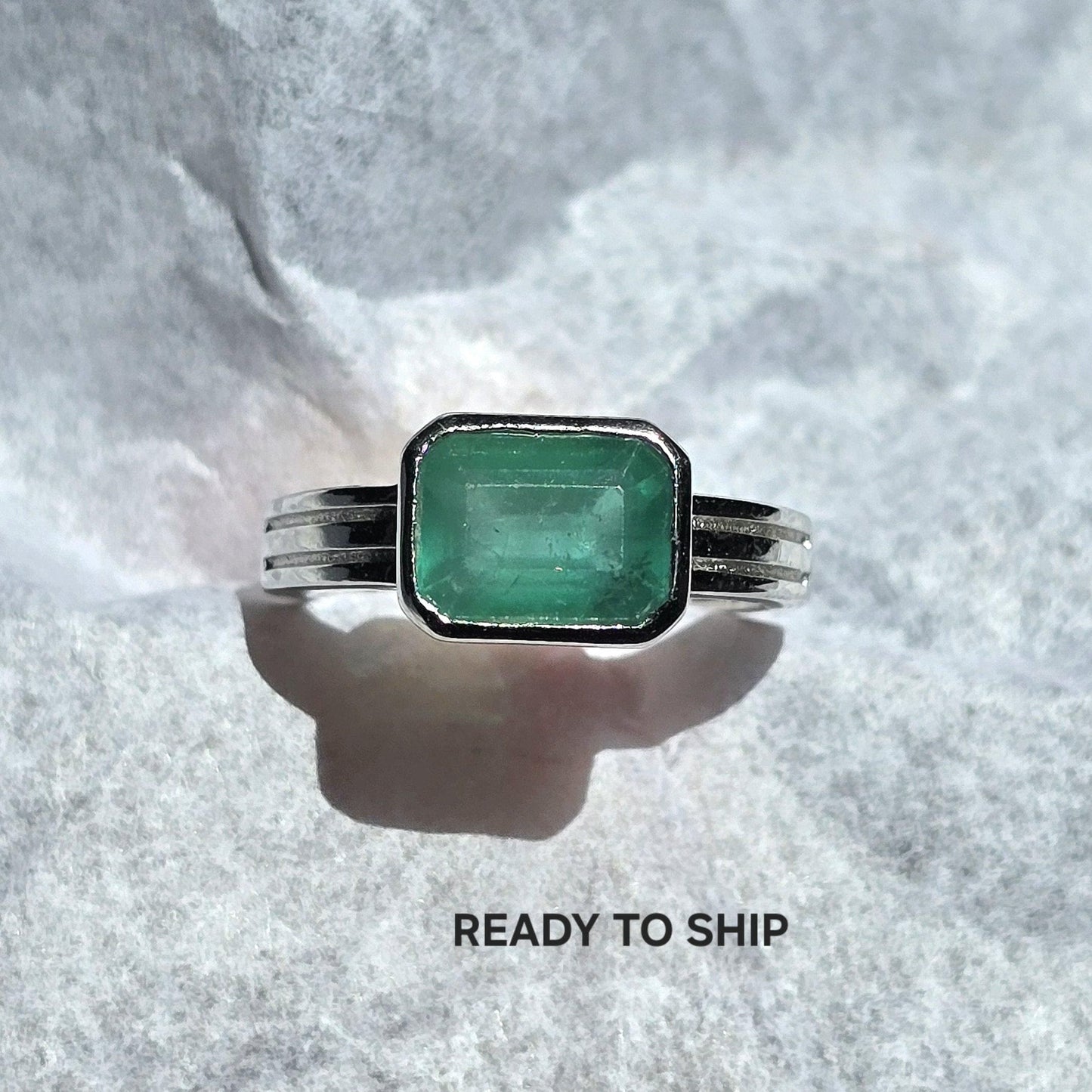 Natural Emerald Octagon Solitaire Silver Ring, 2.30Ct Rich Green Emerald East West Bezel Set Stacking Birthstone Ring, Dainty Emerald Ring