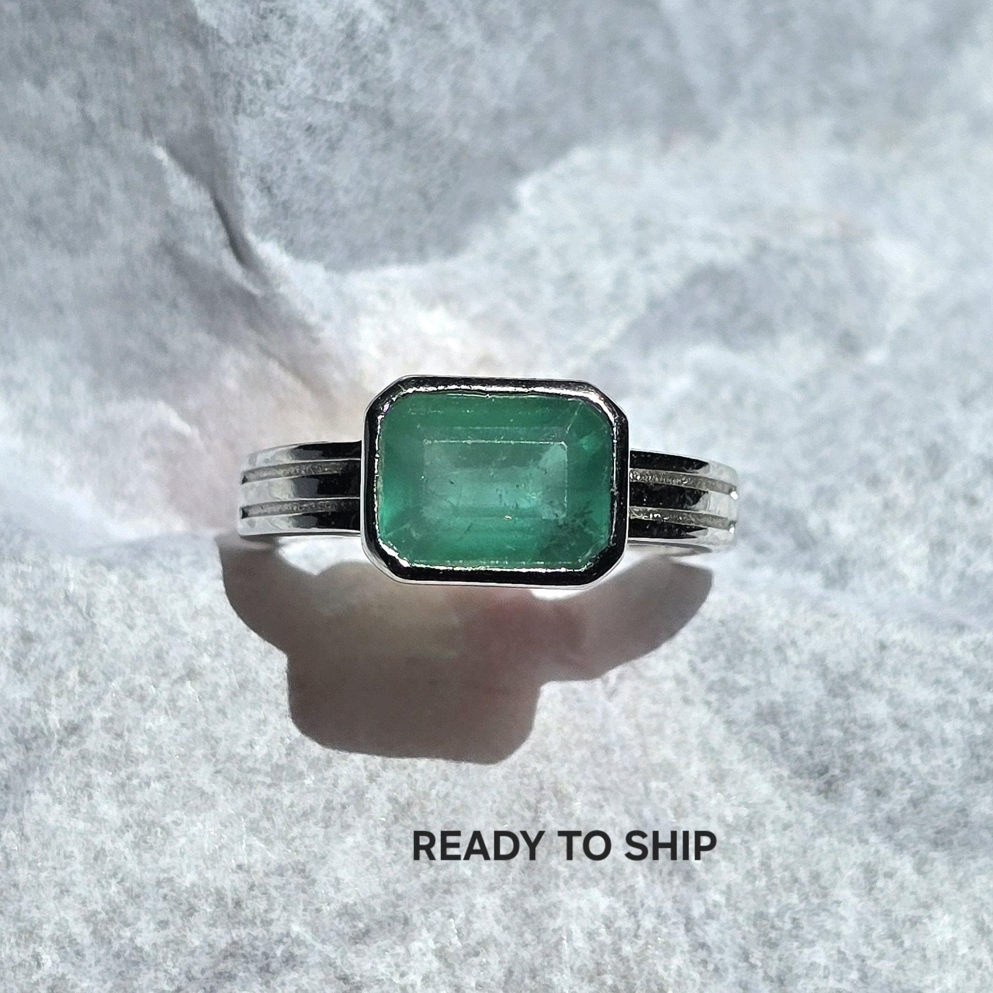 Natural Emerald Octagon Solitaire Silver Ring, 2.30Ct Rich Green Emerald East West Bezel Set Stacking Birthstone Ring, Dainty Emerald Ring