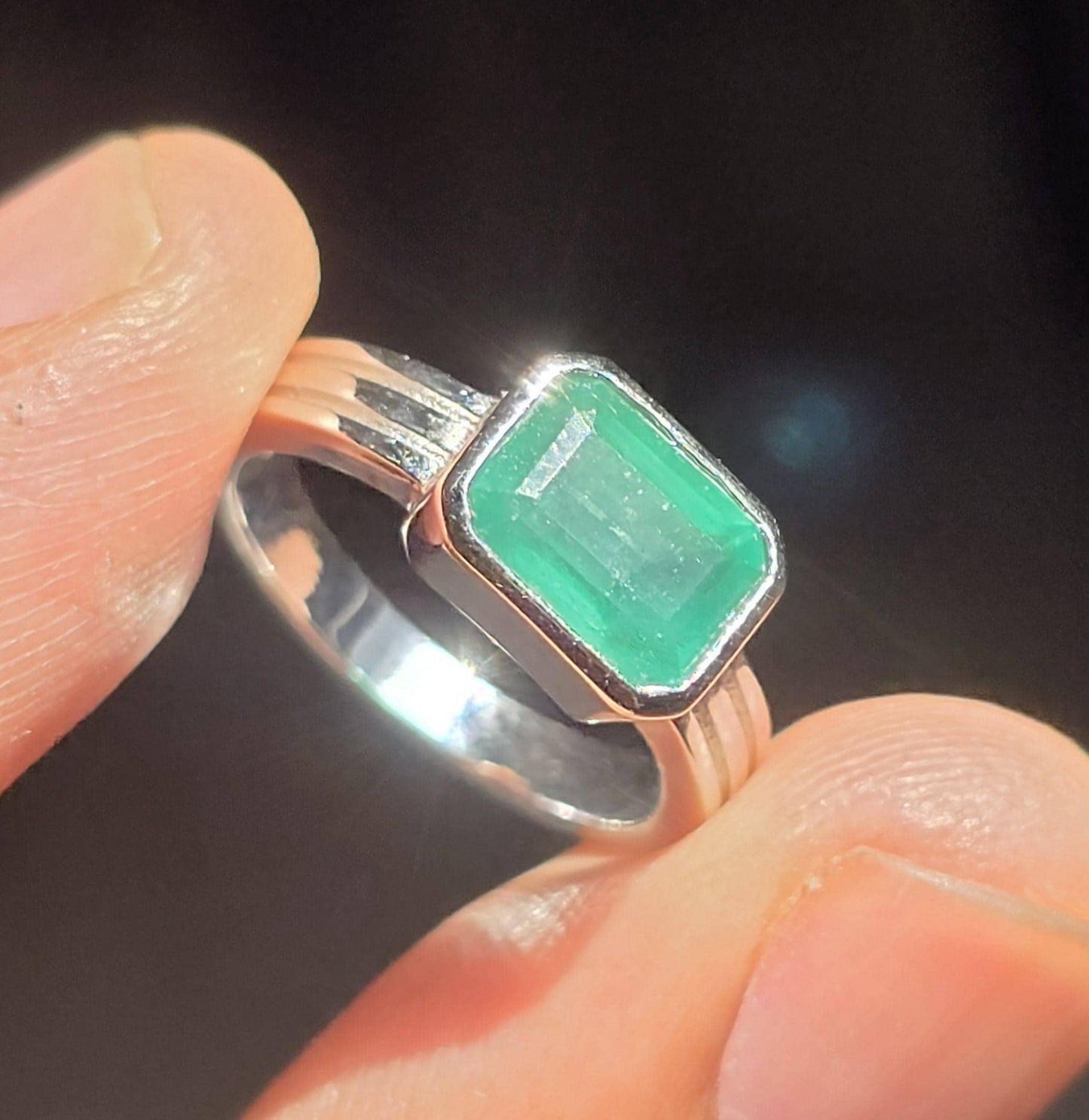 Natural Emerald Octagon Solitaire Silver Ring, 2.30Ct Rich Green Emerald East West Bezel Set Stacking Birthstone Ring, Dainty Emerald Ring
