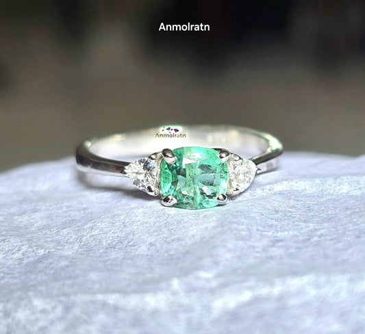 Tiny Emerald Dainty Ring For Women, Emerald Cushion Ring, Untreated Emerald Trillion Stacking Ring Gift For Her, Natural Bright Emerald Ring