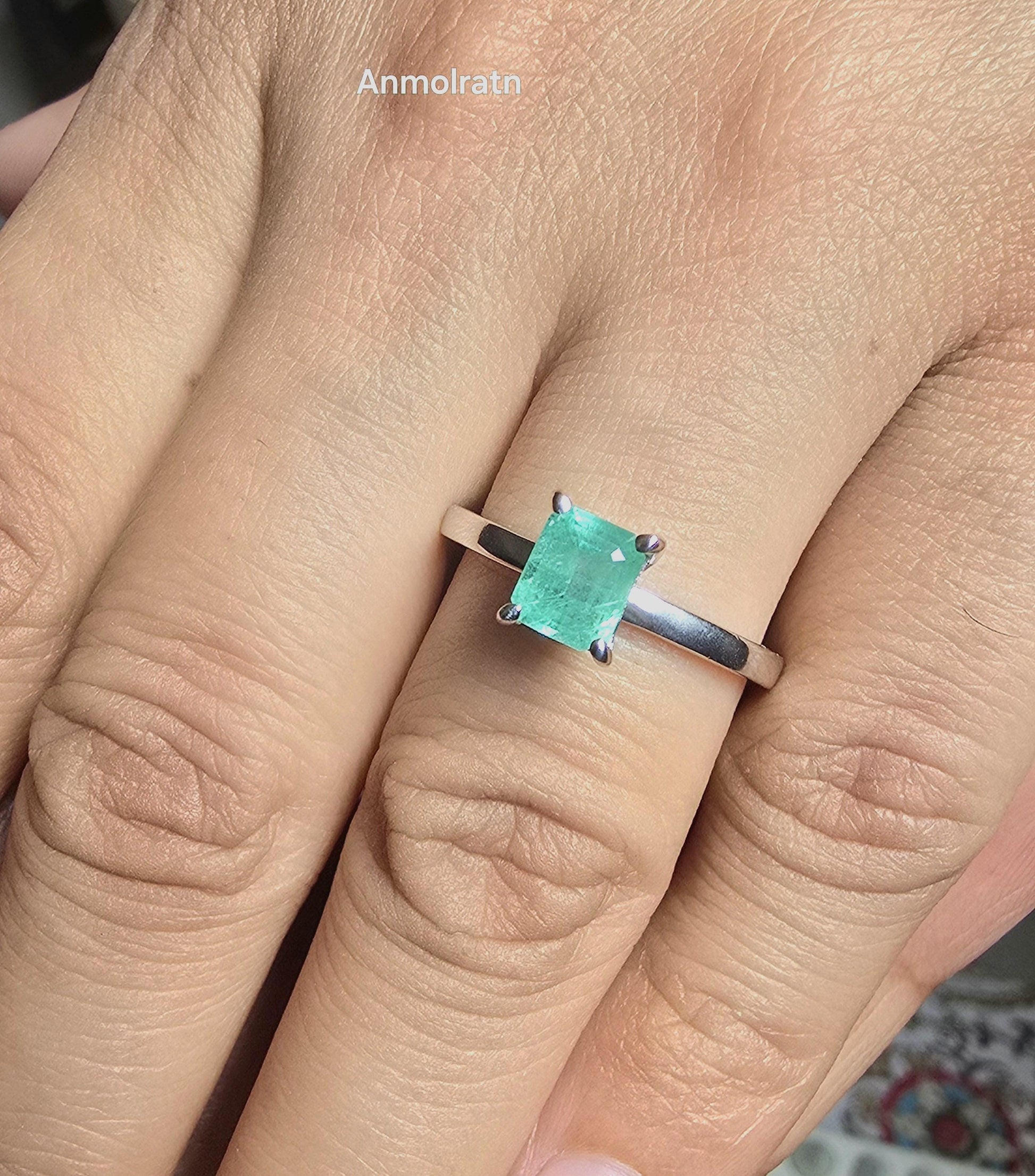Emerald Octagon Solitaire Ring, Certified Emerald Cut Octagon Emerald Colombian Dainty Birthstone Ring For Women, Tiny Bright Emerald Ring