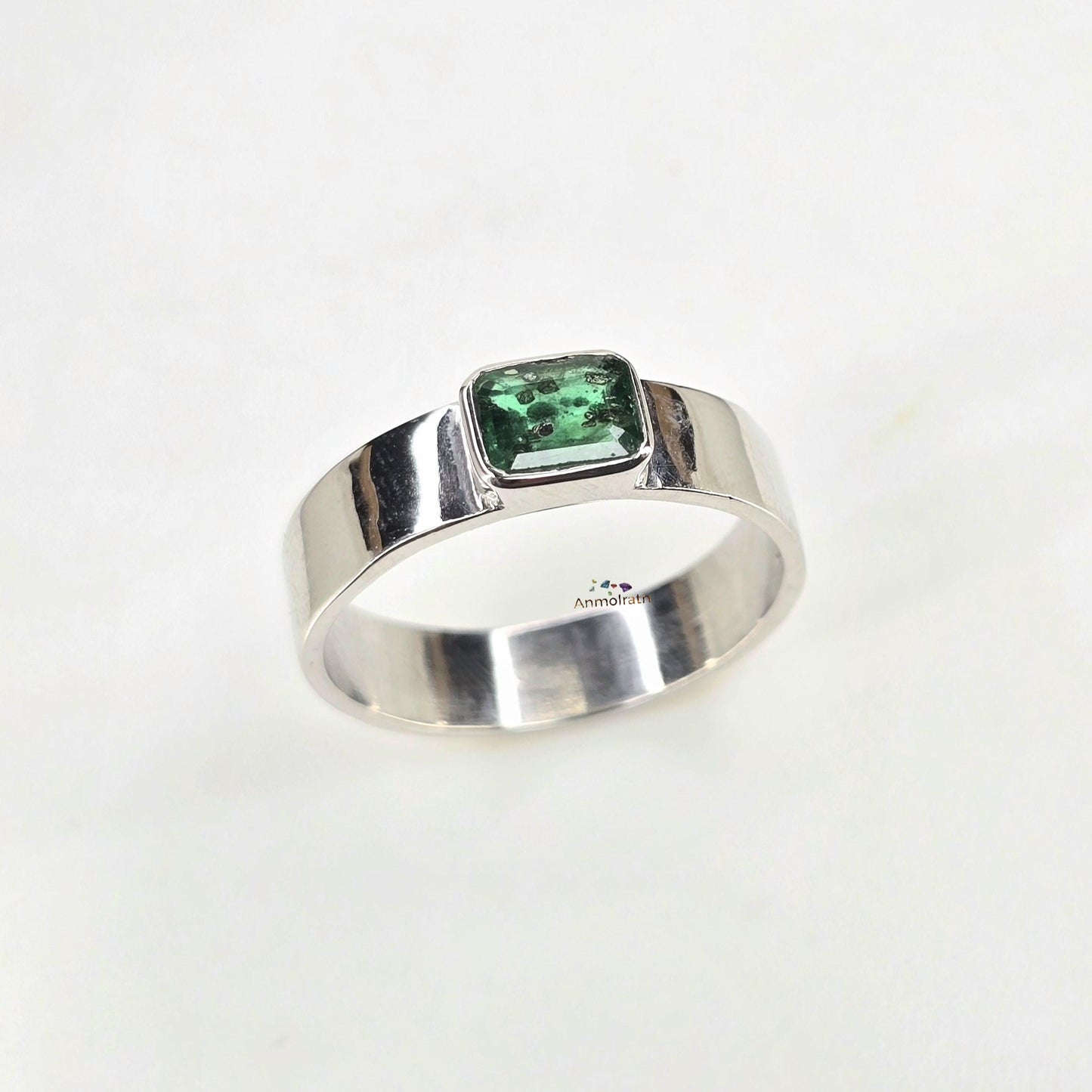 Vintage Emerald Ring, Natural Emerald Cut Emerald Octagon Ring For Men, Antique Emerald Bezel Set Solitaire Birthstone Dainty Silver Ring