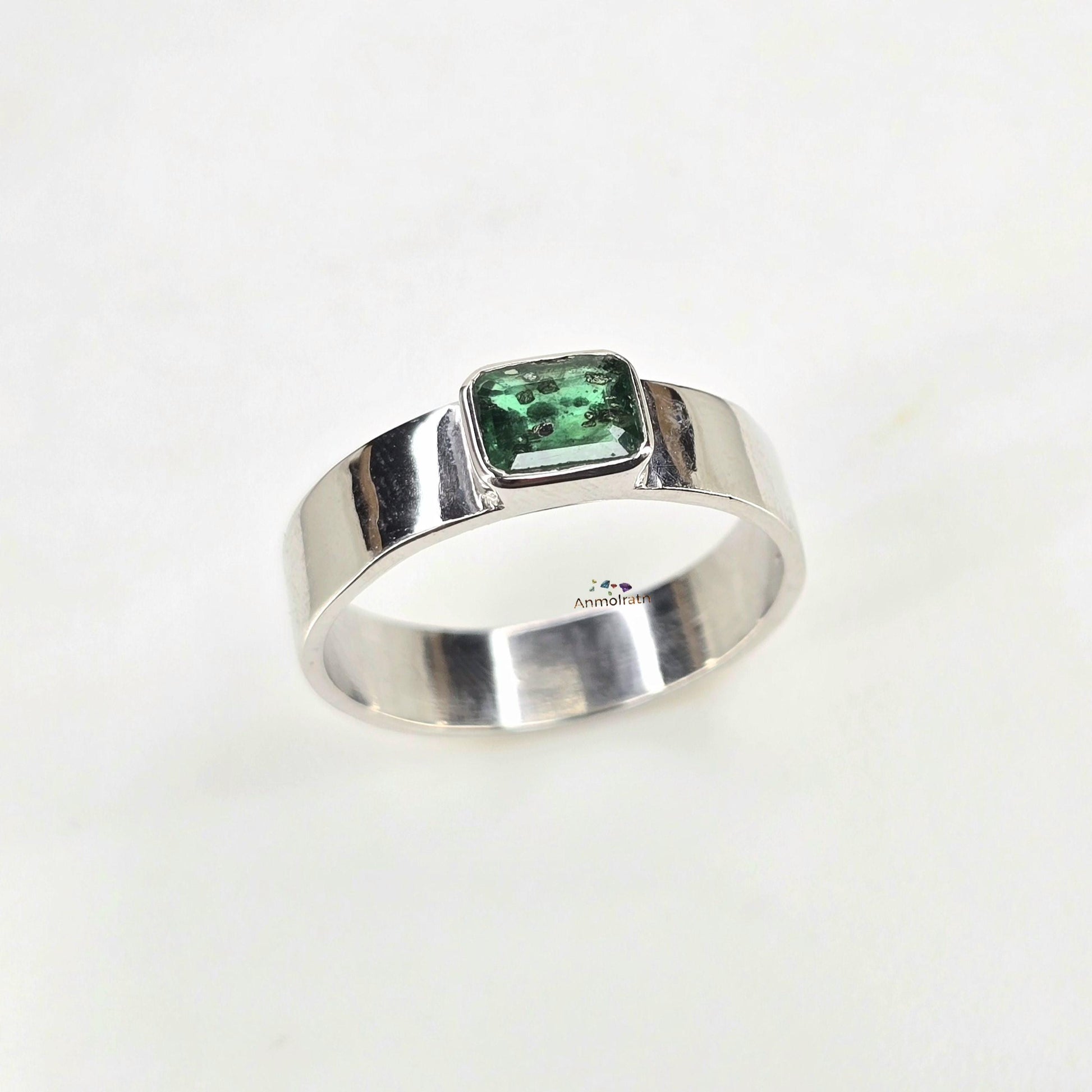 Vintage Emerald Ring, Natural Emerald Cut Emerald Octagon Ring For Men, Antique Emerald Bezel Set Solitaire Birthstone Dainty Silver Ring