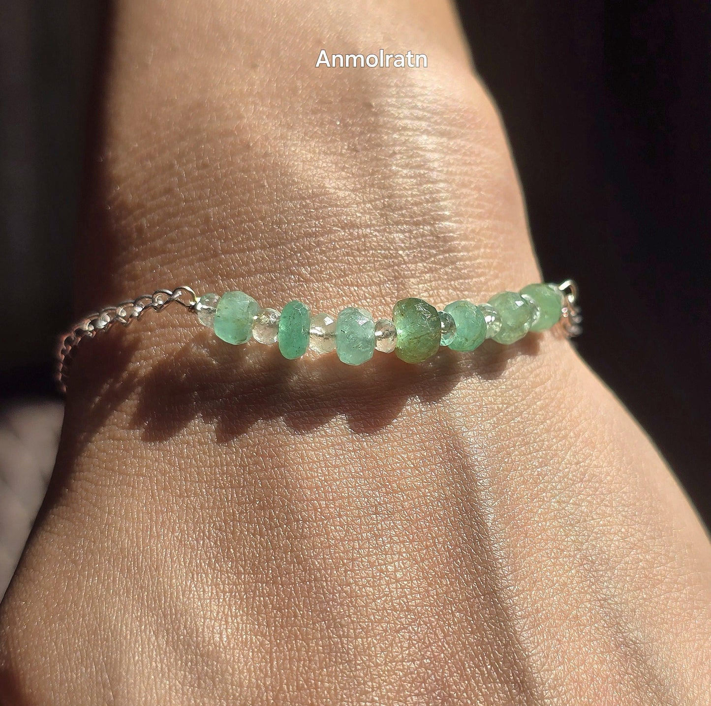 Raw Emerald Bracelet, Colombian Emerald Beaded Bracelet, Natural Emerald Dainty Birthstone Silver Bracelet Gemstone Bracelet For Men & Women
