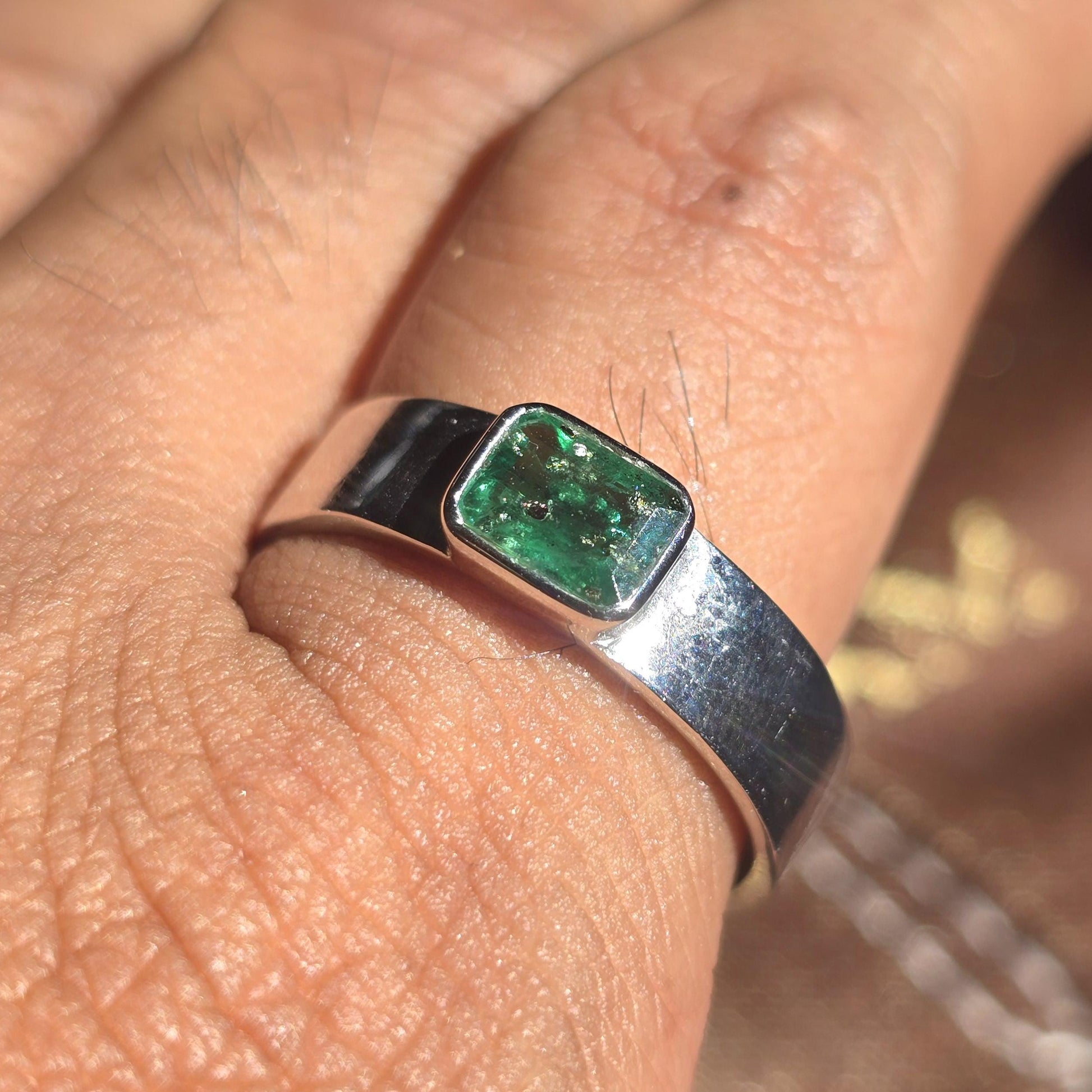 Vintage Emerald Ring, Natural Emerald Cut Emerald Octagon Ring For Men, Antique Emerald Bezel Set Solitaire Birthstone Dainty Silver Ring