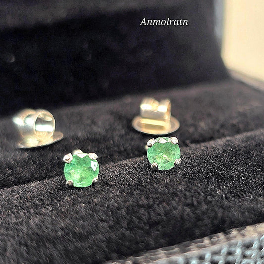 Daily Wear Emerald Stud Earrings, Natural Colombian Emerald Tiny Silver Earrings For Men & Women, Round Emerald Birthstone Dainty Earrings