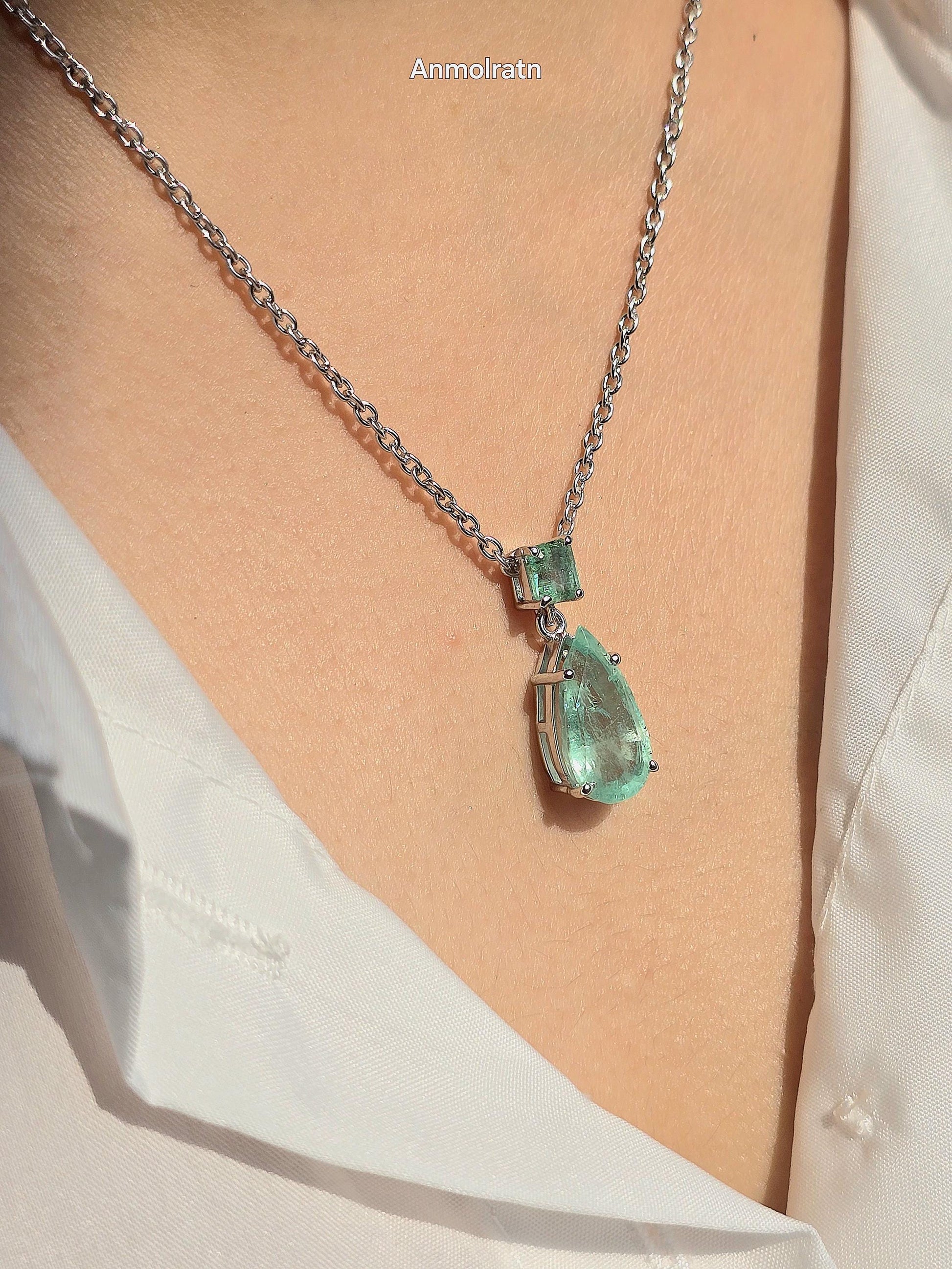 Emerald Pendant For Women, Natural Colombian Emerald Necklace Gift For Her, Emerald Octagon & Pear Drop Necklace, Dainty Emerald Pendant