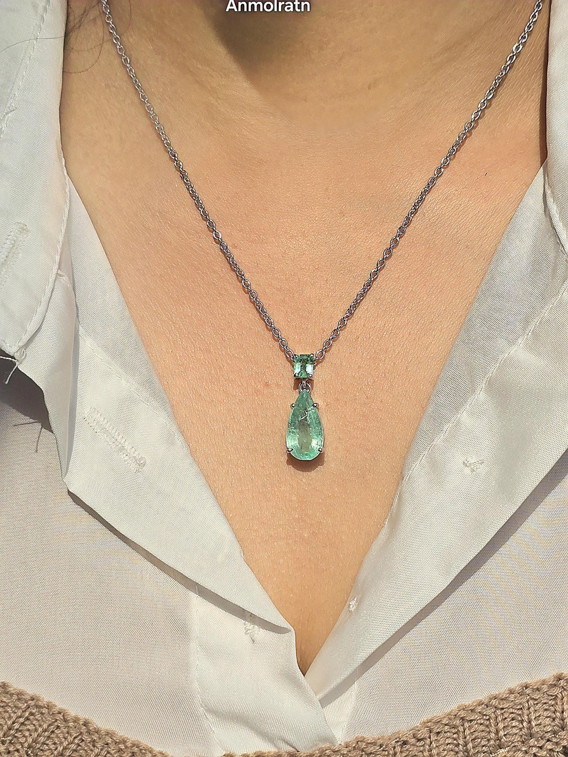 Emerald Pendant For Women, Natural Colombian Emerald Necklace Gift For Her, Emerald Octagon & Pear Drop Necklace, Dainty Emerald Pendant