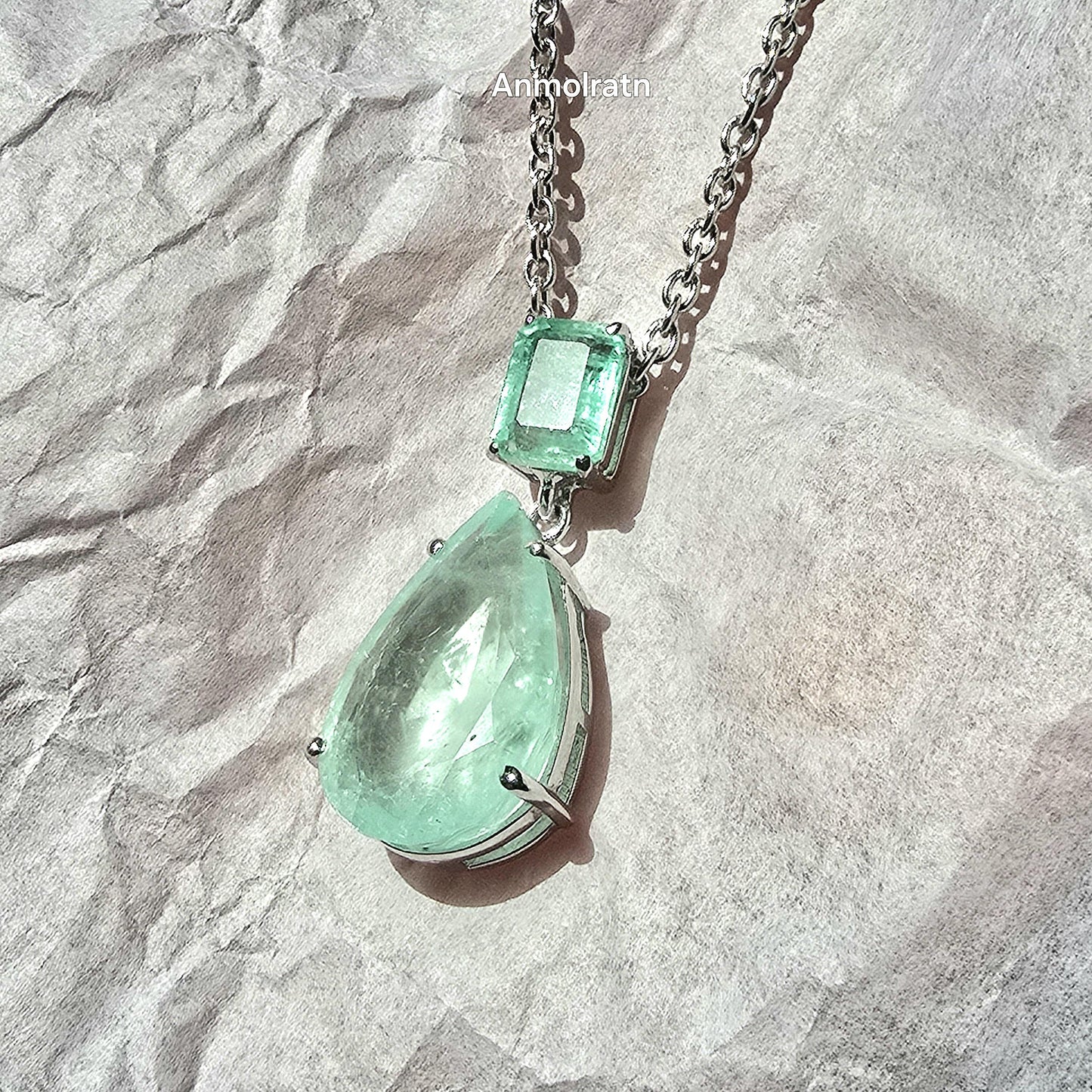 Colombian Emerald Necklace For Women, Untreated Emerald Octagon Pendant Pear Emerald Solitaire Dainty Silver Necklace, Green Emerald Pendant