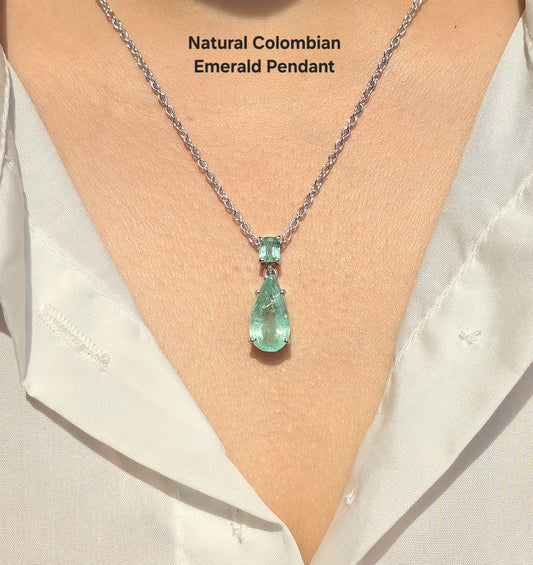 Emerald Pendant For Women, Natural Colombian Emerald Necklace Gift For Her, Emerald Octagon & Pear Drop Necklace, Dainty Emerald Pendant