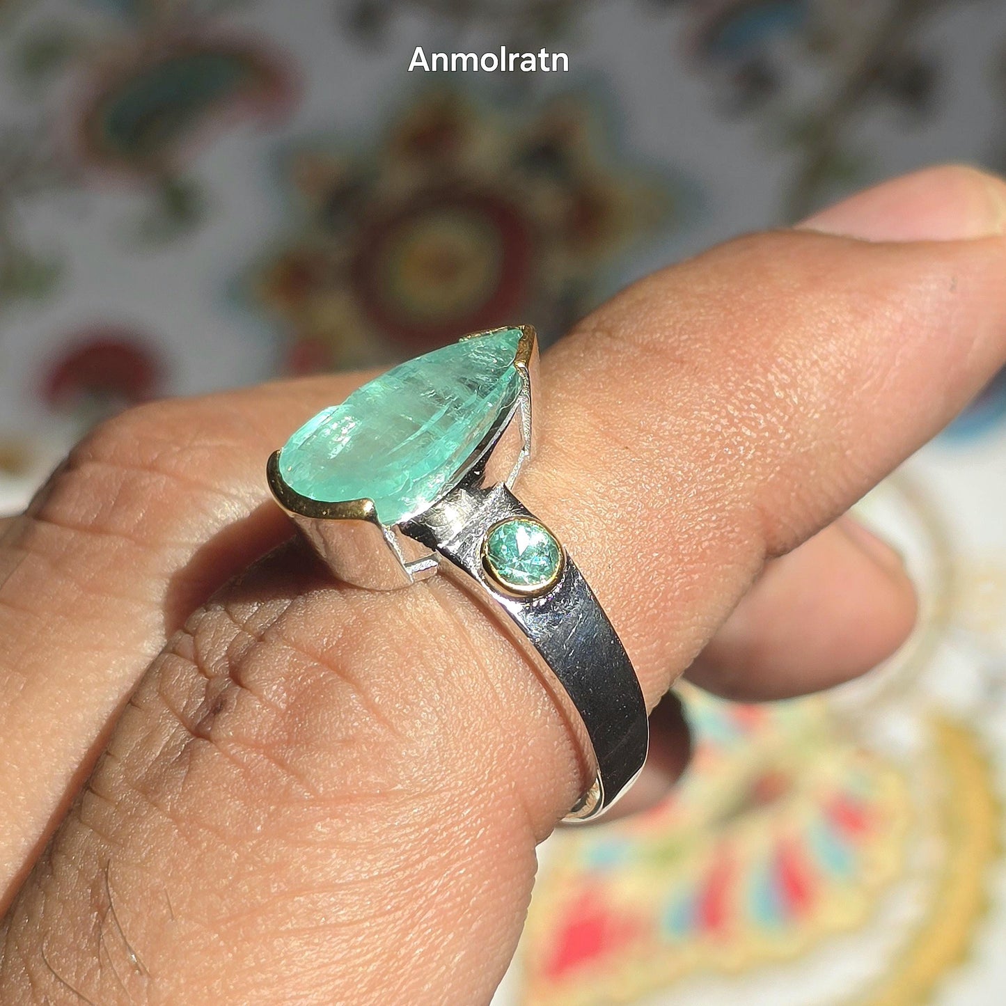 Vintage Natural Emerald Colombian Ring, Antique Emerald Silver Ring, Pear Emerald Solitaire Ring For Women, Unique Emerald Ring Gift For Her