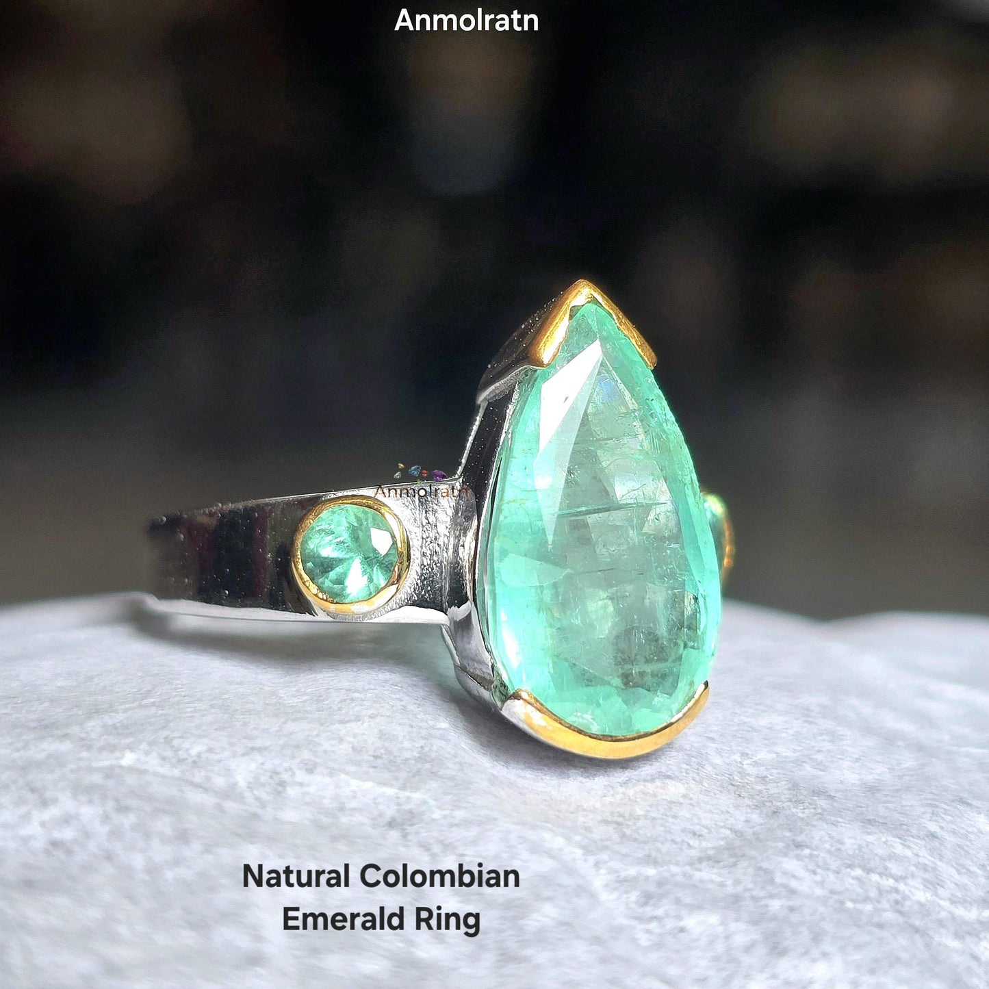 Vintage Natural Emerald Colombian Ring, Antique Emerald Silver Ring, Pear Emerald Solitaire Ring For Women, Unique Emerald Ring Gift For Her