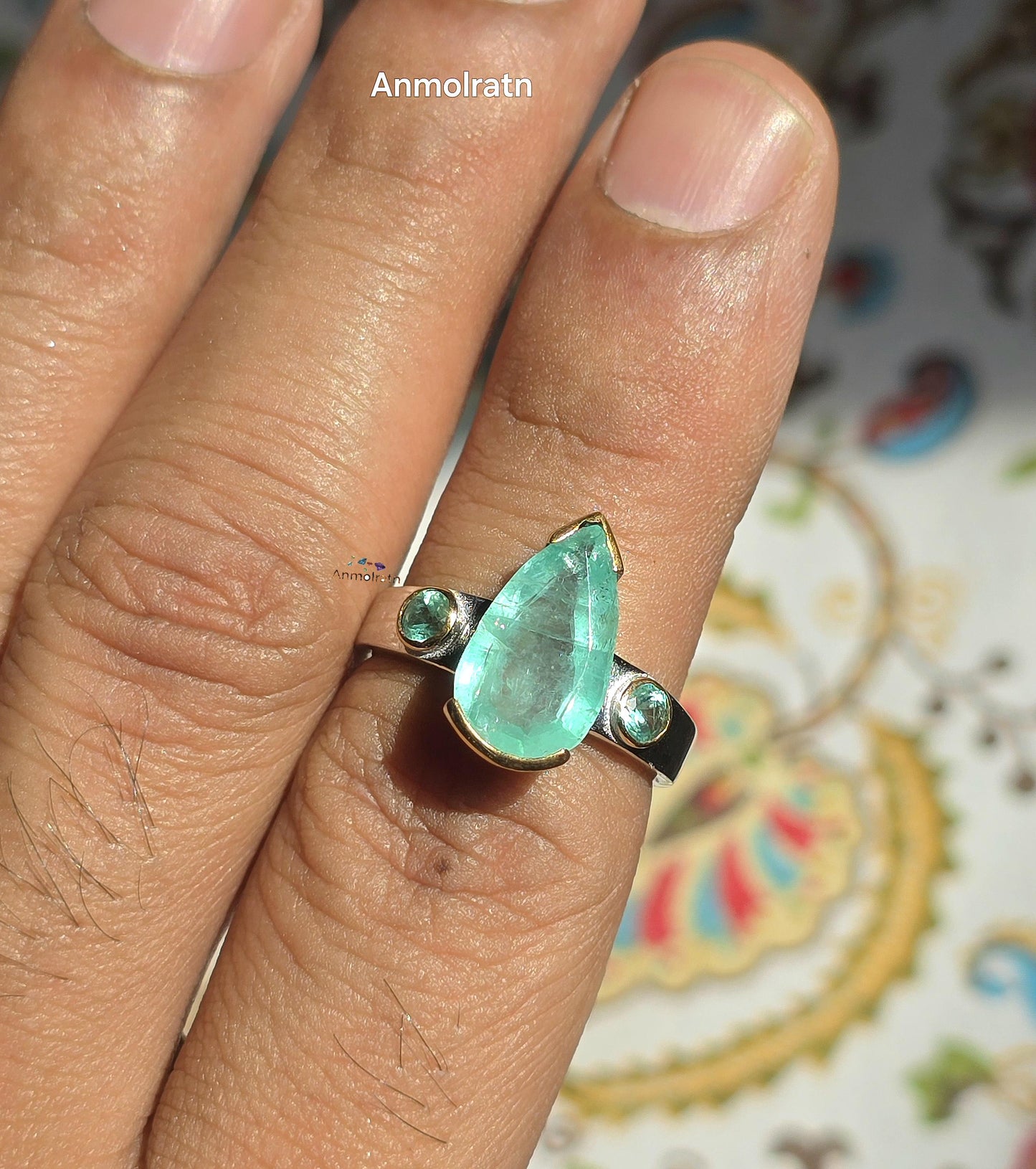 Vintage Natural Emerald Colombian Ring, Antique Emerald Silver Ring, Pear Emerald Solitaire Ring For Women, Unique Emerald Ring Gift For Her