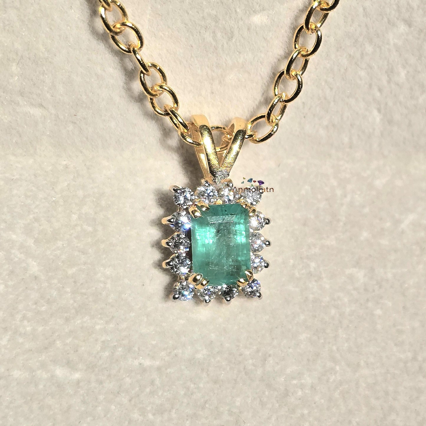 Emerald Solitaire Pendant, Emerald Cut Octagon Halo Pendant For Women, 14k Green Emerald Birthstone Pendant, Natural Emerald Dainty Pendant