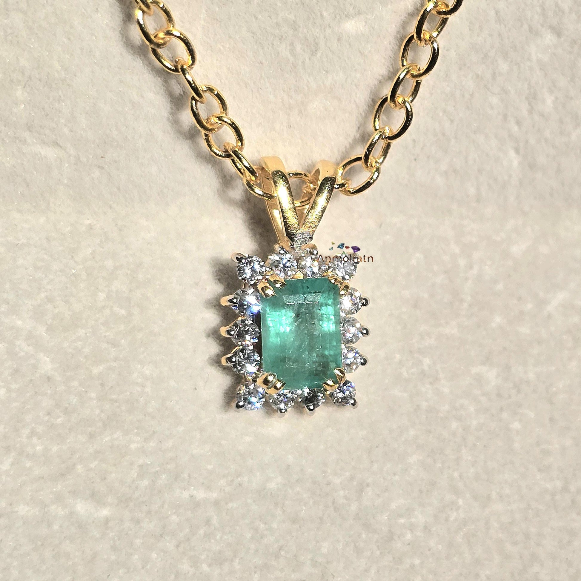 Emerald Solitaire Pendant, Emerald Cut Octagon Halo Pendant For Women, 14k Green Emerald Birthstone Pendant, Natural Emerald Dainty Pendant