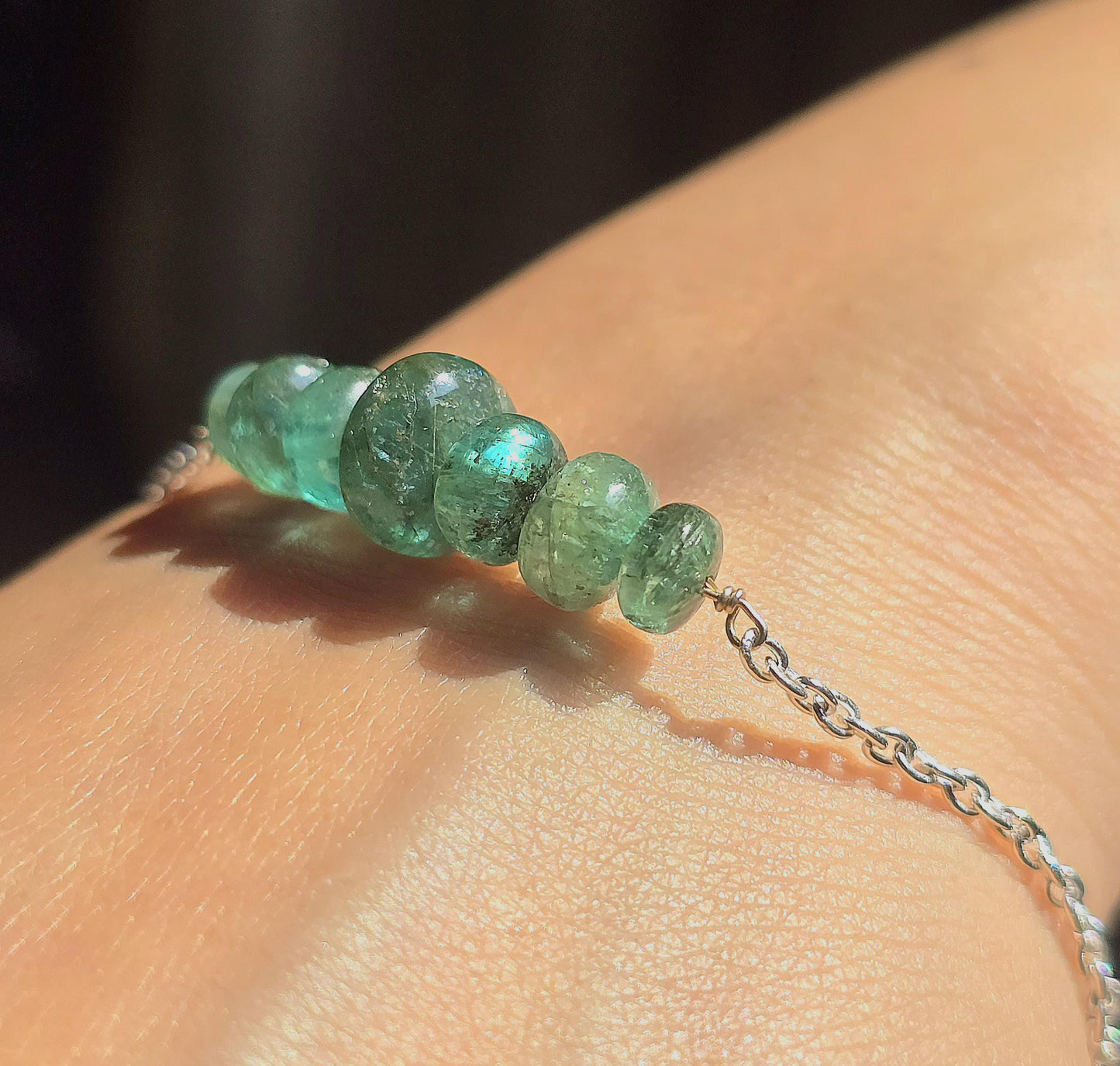 Emerald Bracelet For Men & Women, Dainty Emerald Silver Bracelet For Gift, Raw Emerald Birthstone Beaded Bracelet, Emerald Chain Bracelet