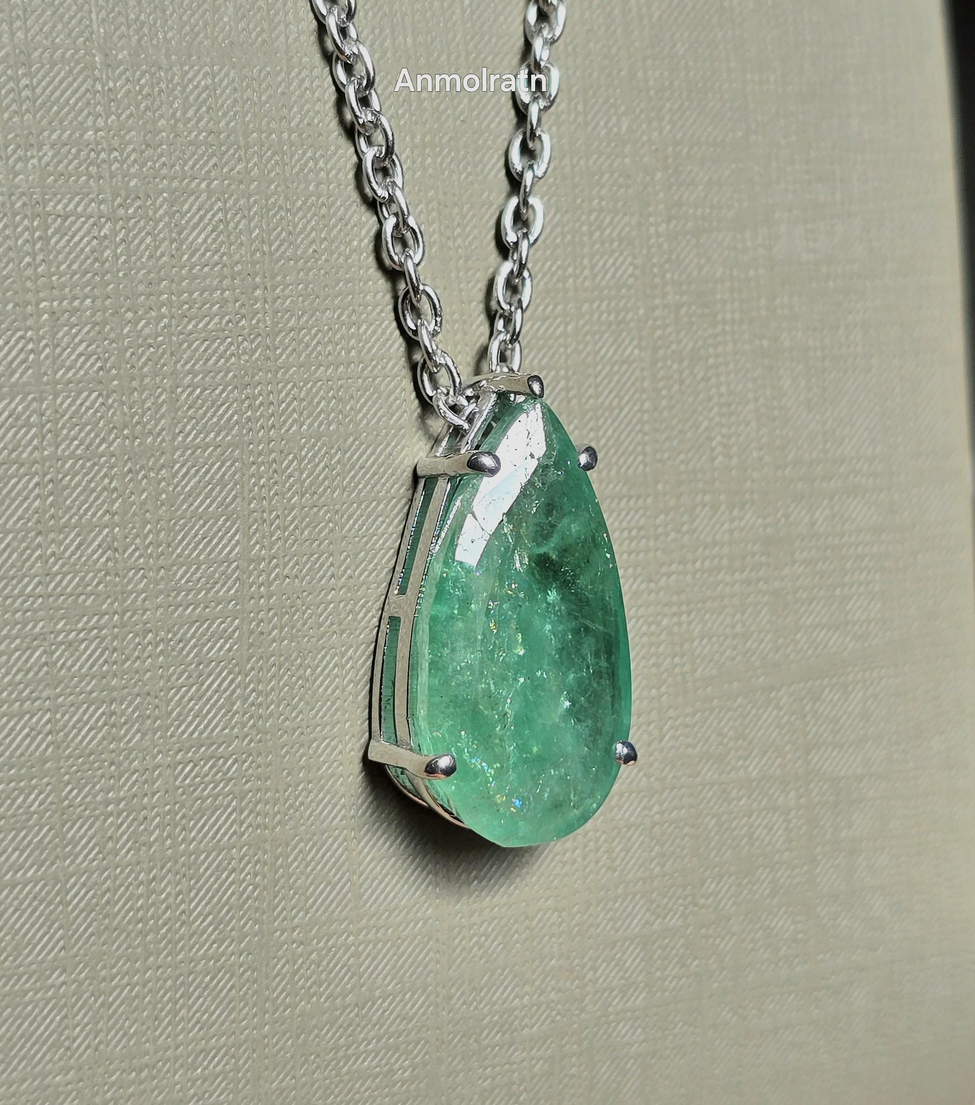 Emerald Pendant For Women, 6.84Ct Natural Colombian Emerald Pear Necklace Gift For Her, Green Emerald Dainty Necklace, Birthstone Necklace