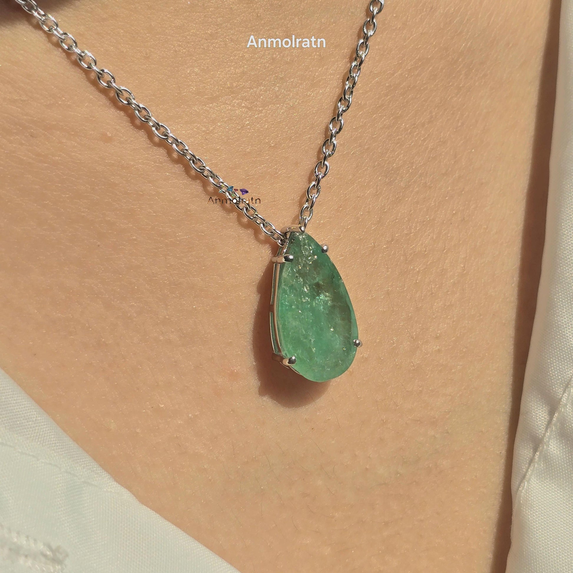 Emerald Pendant For Women, 6.84Ct Natural Colombian Emerald Pear Necklace Gift For Her, Green Emerald Dainty Necklace, Birthstone Necklace
