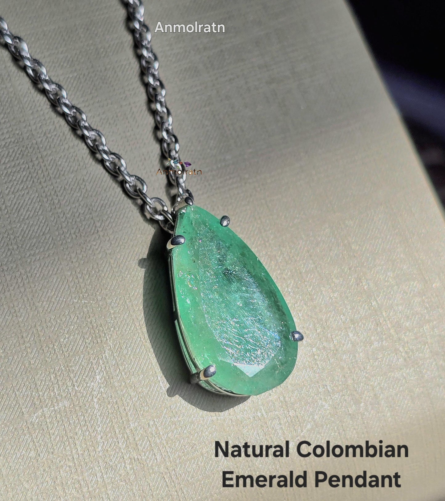Emerald Pendant For Women, 6.84Ct Natural Colombian Emerald Pear Necklace Gift For Her, Green Emerald Dainty Necklace, Birthstone Necklace
