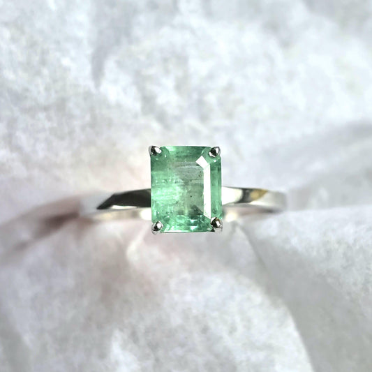 Natural Colombian Emerald Octagon Solitaire Ring, 1.43CT Certified Emerald Cut Emerald Dainty Ring, Lush Green Emerald Birthstone Ring Gift