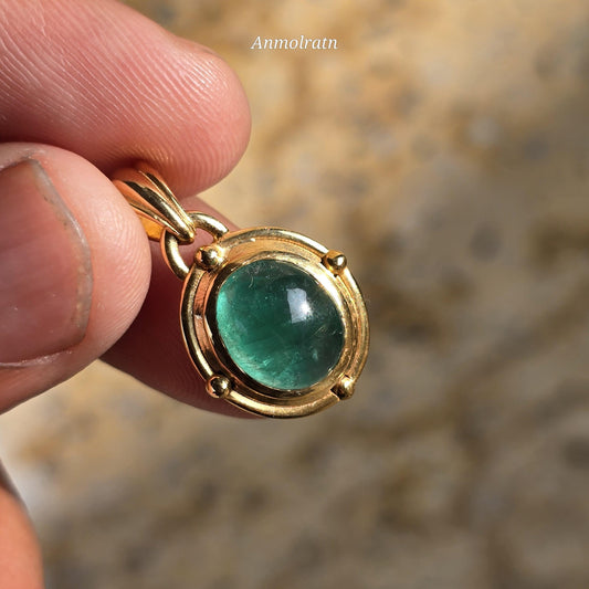 14k Emerald Pendant For Men & Women, 5Ct Top Green Emerald Solitaire Pendant For Gift, Bezel Set Dainty Emerald Cabochon Birthstone Pendant