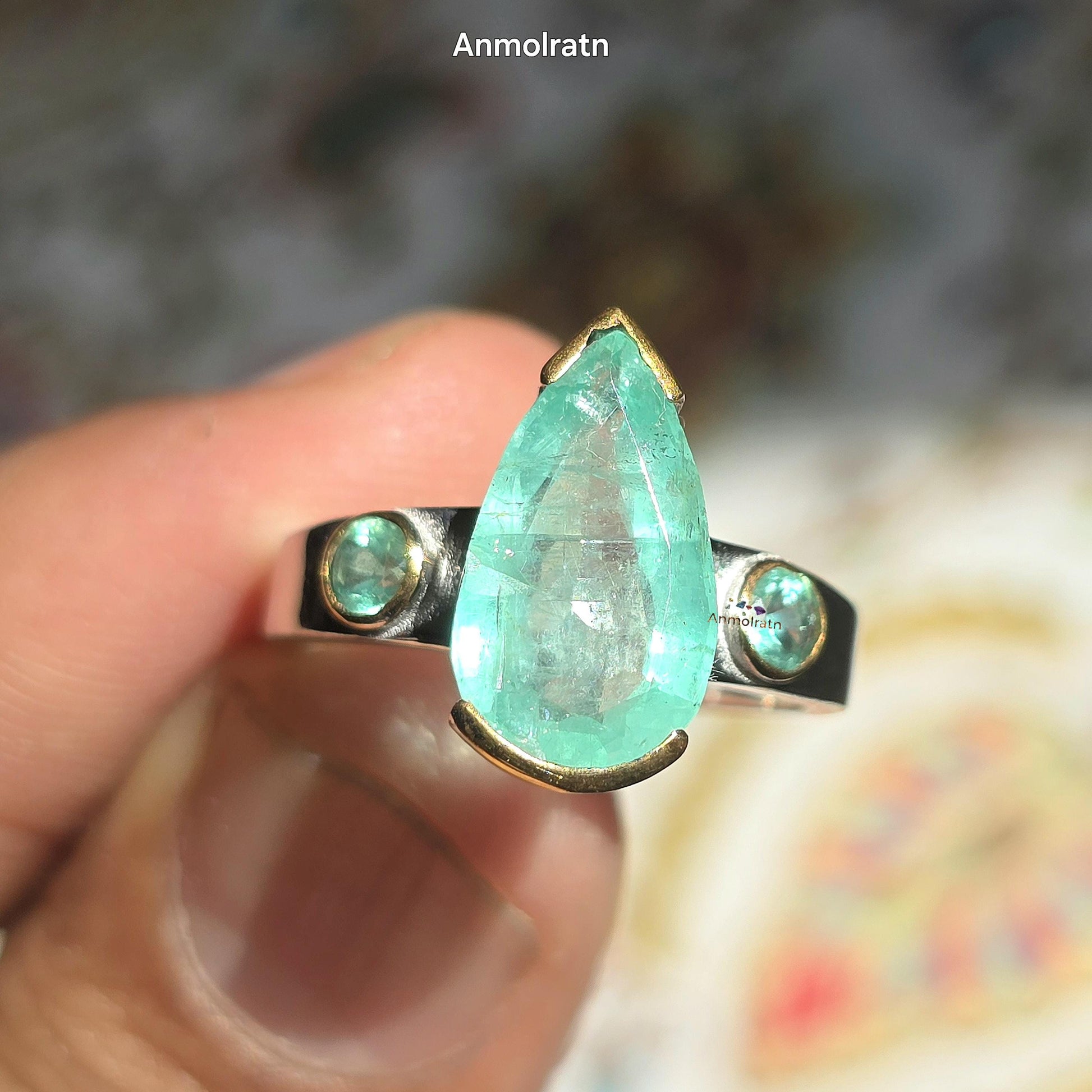 Vintage Natural Emerald Colombian Ring, Antique Emerald Silver Ring, Pear Emerald Solitaire Ring For Women, Unique Emerald Ring Gift For Her