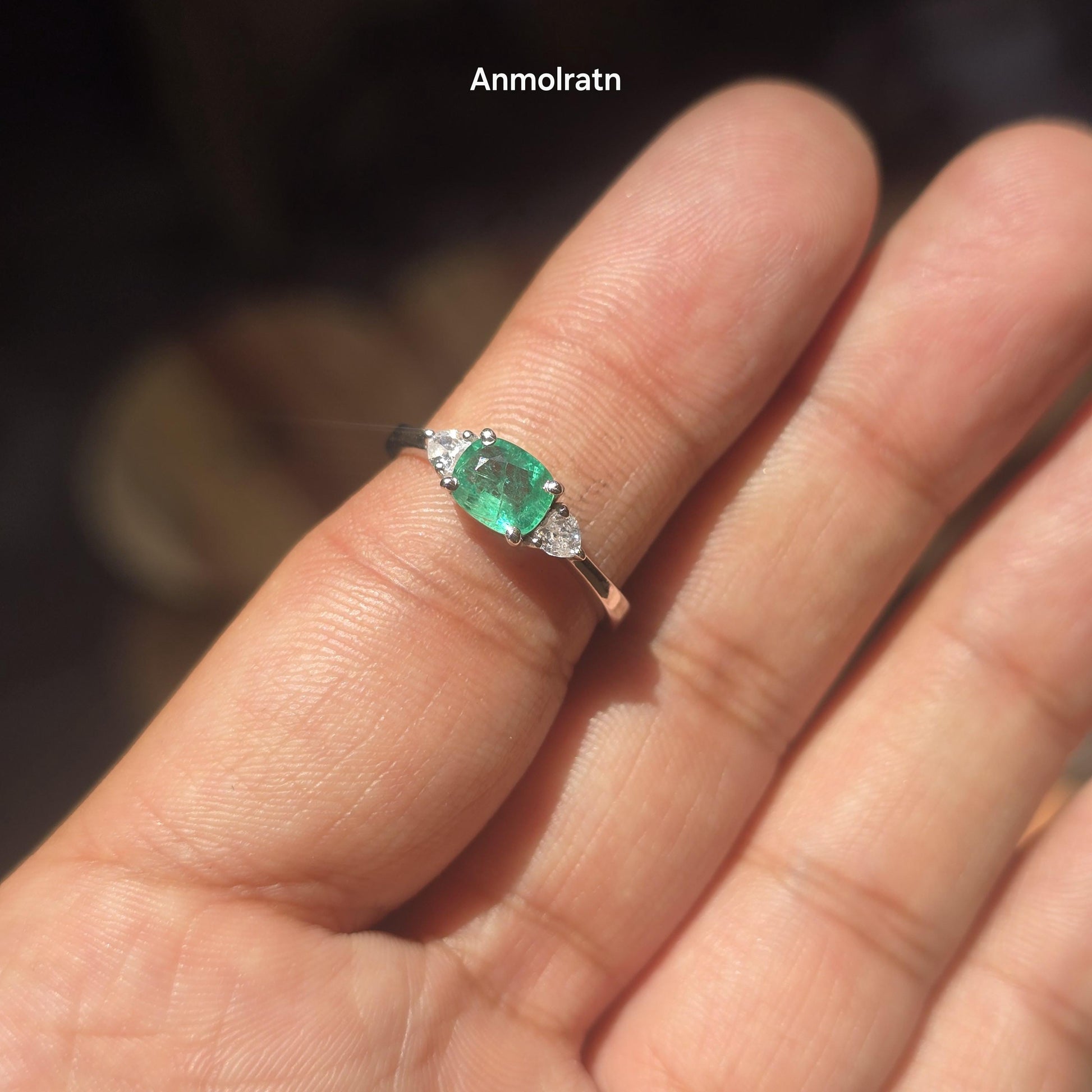 Natural Vivid Green Emerald Cushion Heart Ring For Women Untreated Emerald Trilogy Wedding Ring Dainty Emerald Engagement Stacking Ring Gift
