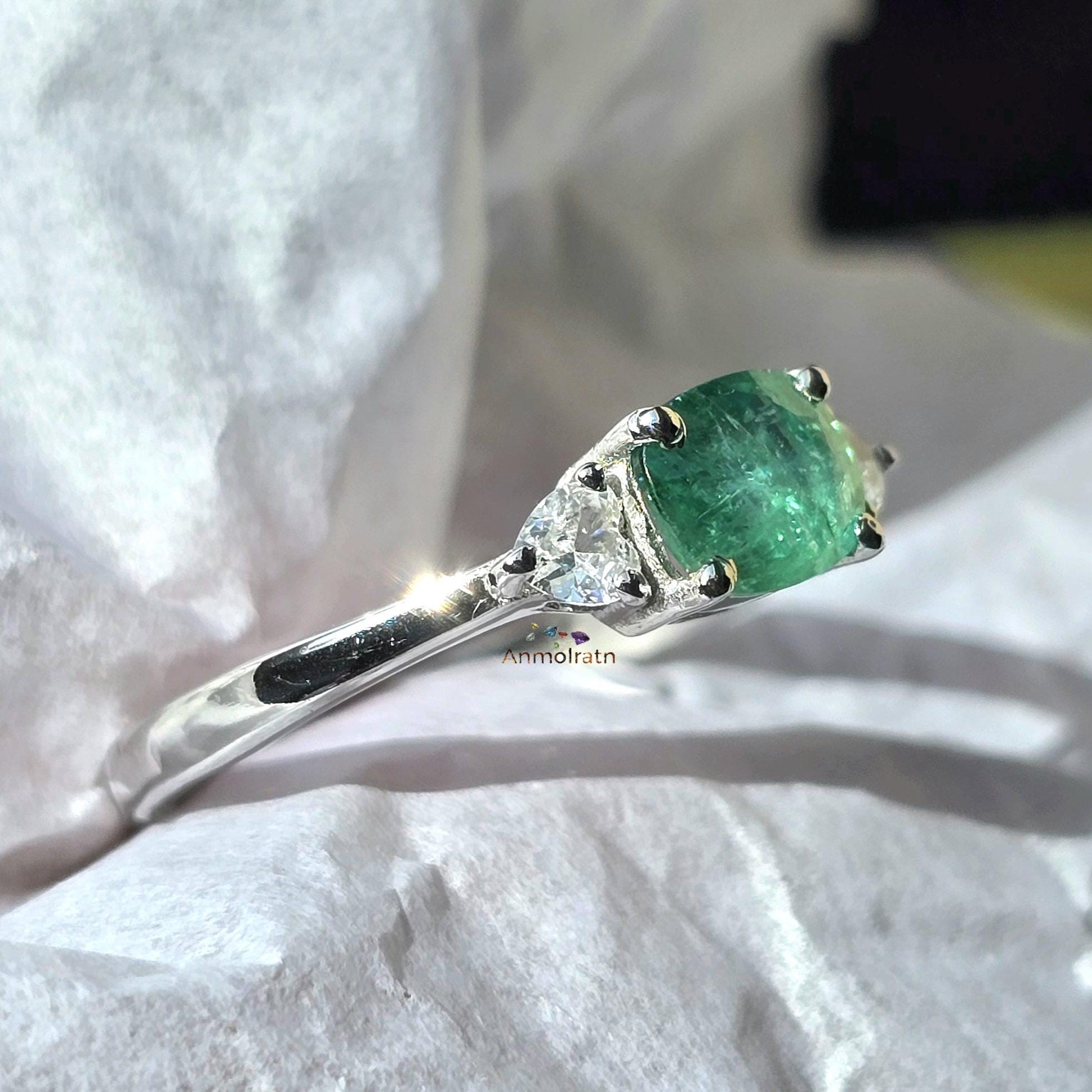 Natural Vivid Green Emerald Cushion Heart Ring For Women Untreated Emerald Trilogy Wedding Ring Dainty Emerald Engagement Stacking Ring Gift