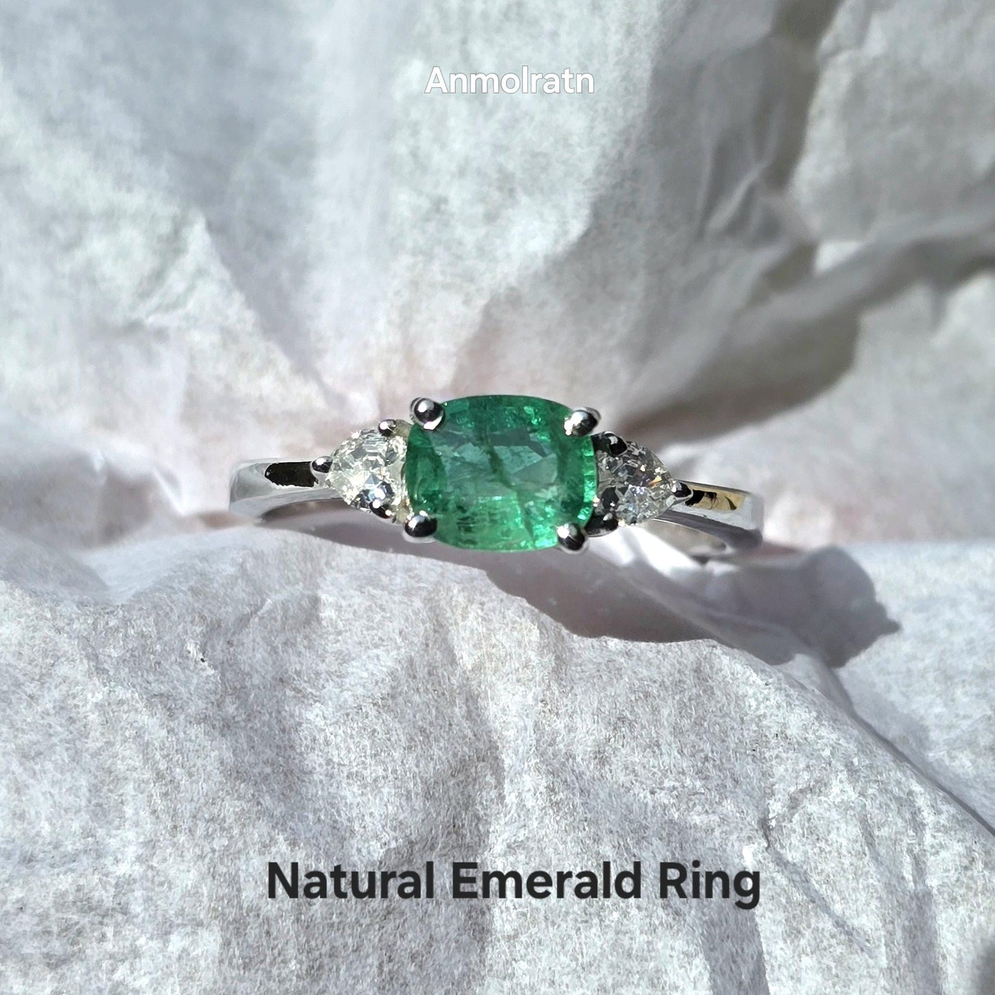 Natural Vivid Green Emerald Cushion Heart Ring For Women Untreated Emerald Trilogy Wedding Ring Dainty Emerald Engagement Stacking Ring Gift