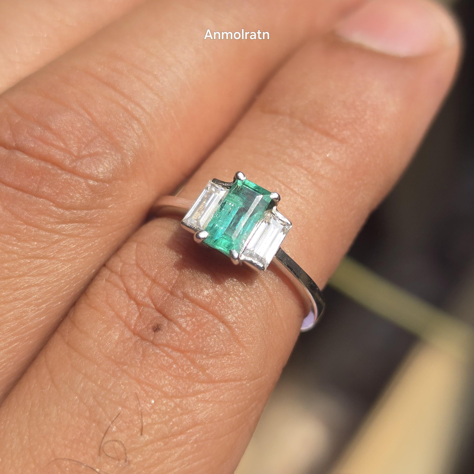 Natural Emerald Baguette Ring Vivid Green Emerald Wedding Engagement Ring Gift For Her Emerald Octagon Baguette Diamond Dainty Stacking Ring