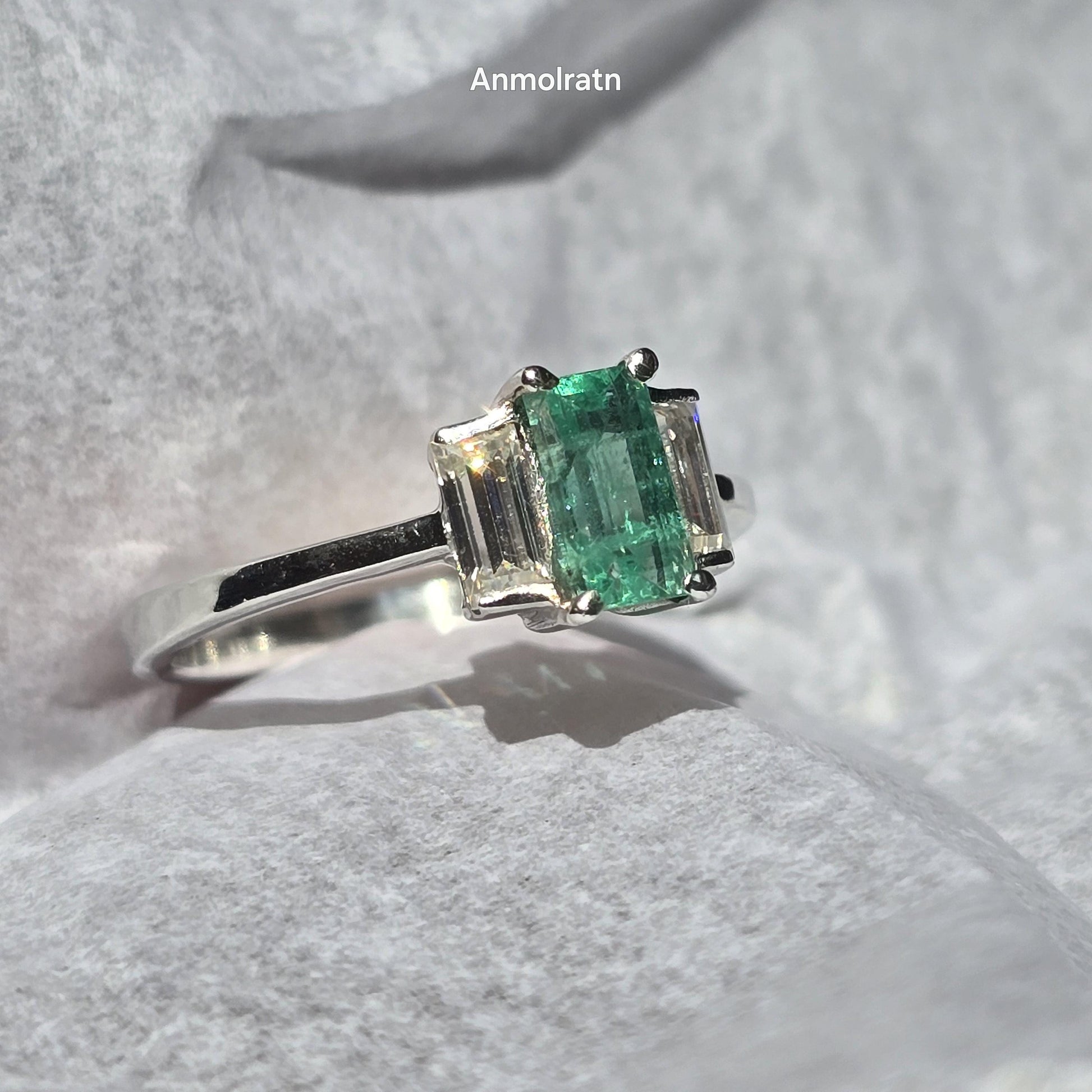Natural Emerald Baguette Ring Vivid Green Emerald Wedding Engagement Ring Gift For Her Emerald Octagon Baguette Diamond Dainty Stacking Ring