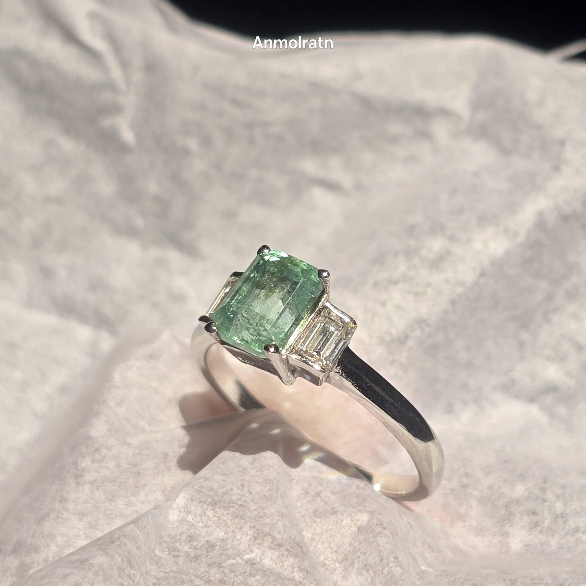 Natural Emerald Octagon Baguette Ring, 1.40CT Certified Colombian Emerald Cut Emerald Dainty Ring, Light Green Emerald Ring Gift For Women