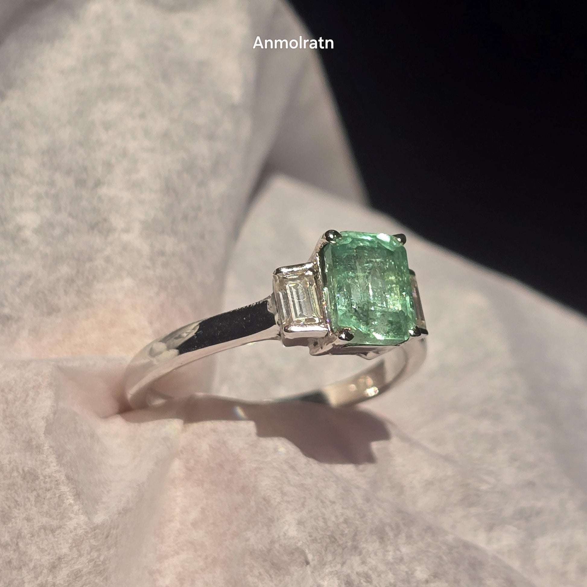 Natural Emerald Octagon Baguette Ring, 1.40CT Certified Colombian Emerald Cut Emerald Dainty Ring, Light Green Emerald Ring Gift For Women
