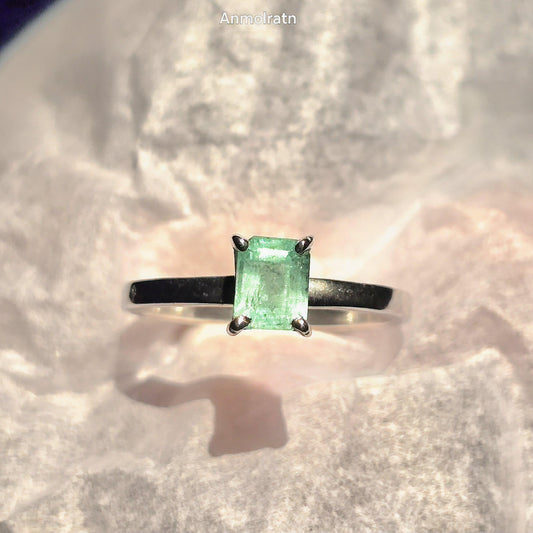 Colombian Emerald Octagon Dainty Solitaire Silver Ring, 0.98Ct Bright Green Tiny Emerald Cut Emerald Birthstone Ring, Certified Emerald Ring